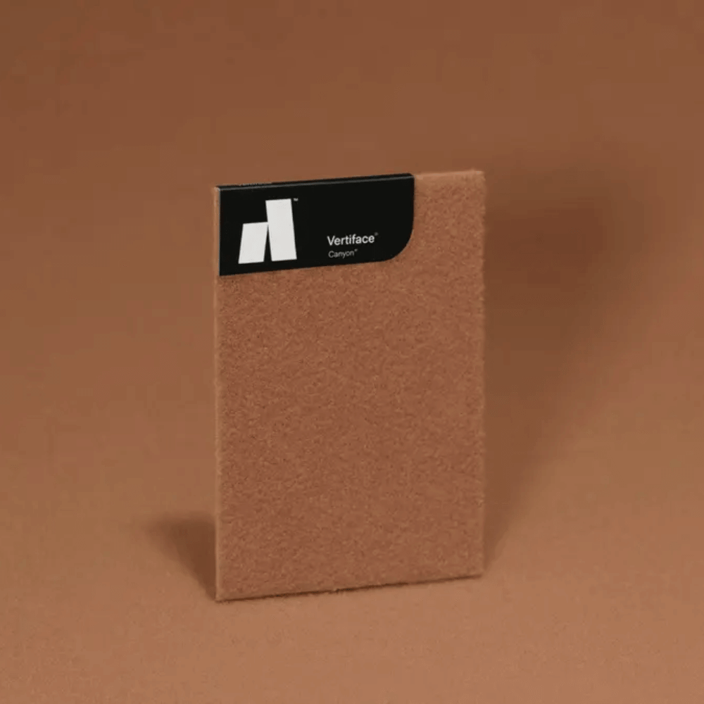 Vertiface® sample panel in brown color on a textured background showcasing its design and texture.