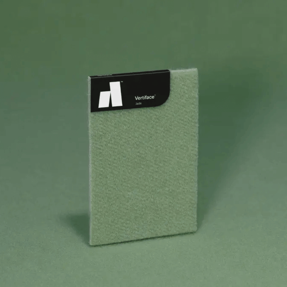 Vertiface® acoustic panel sample in soft green, showcasing texture and color for interior design use.