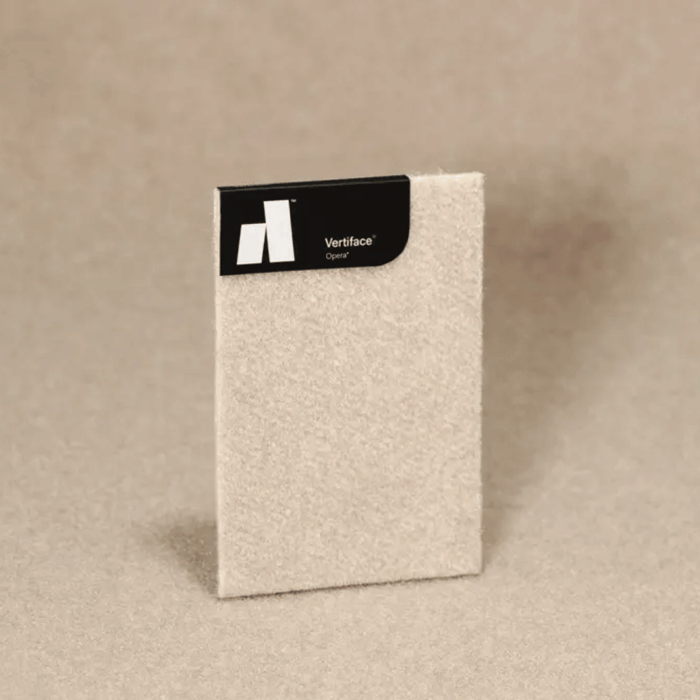 Vertiface® sample card with soft texture on a neutral background, showcasing acoustic properties and design.