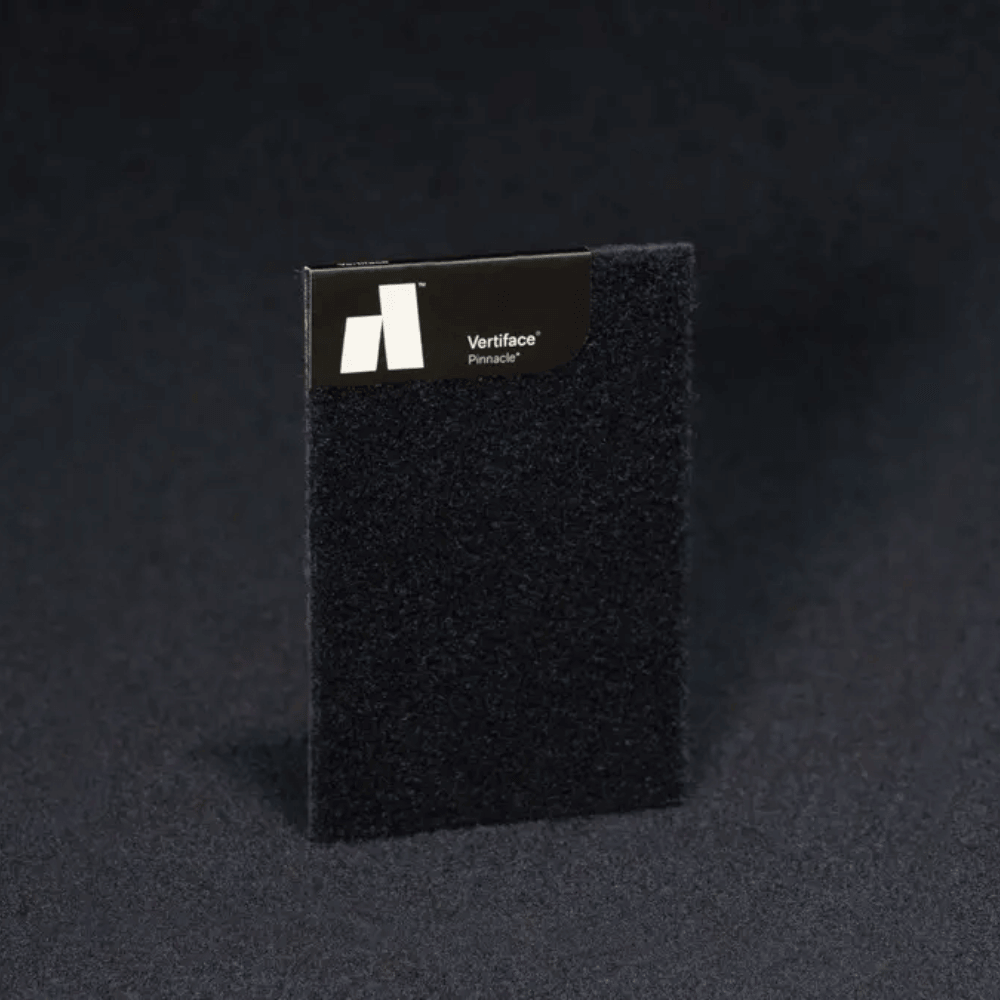 Autex Vertiface Pinnacle sample showcasing soft black texture on a dark background.