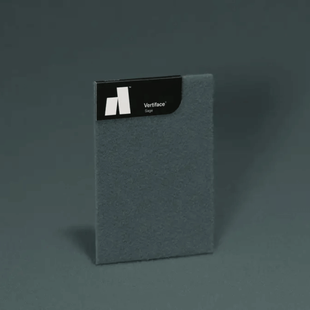 Vertiface® Sage acoustic panel sample against a dark background showcasing its texture and branding.