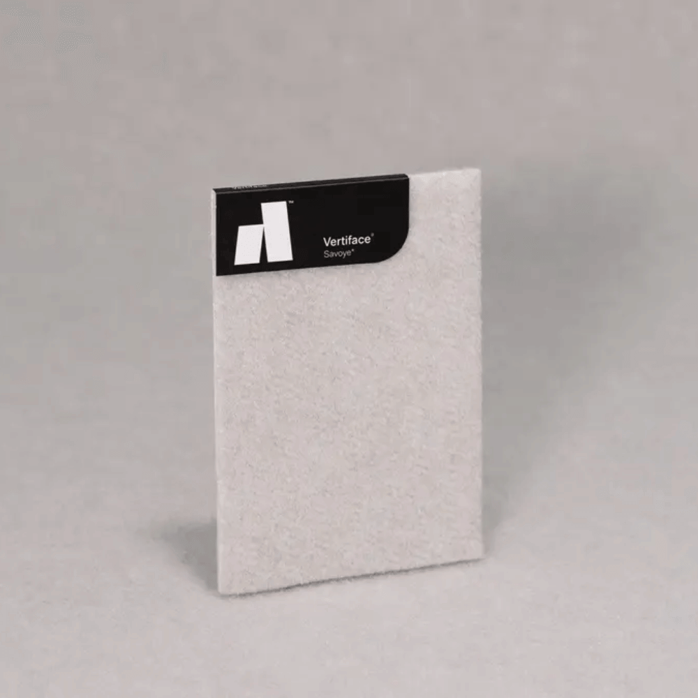 Vertiface sample panel showcasing soft gray texture and branded tag for design inspiration.