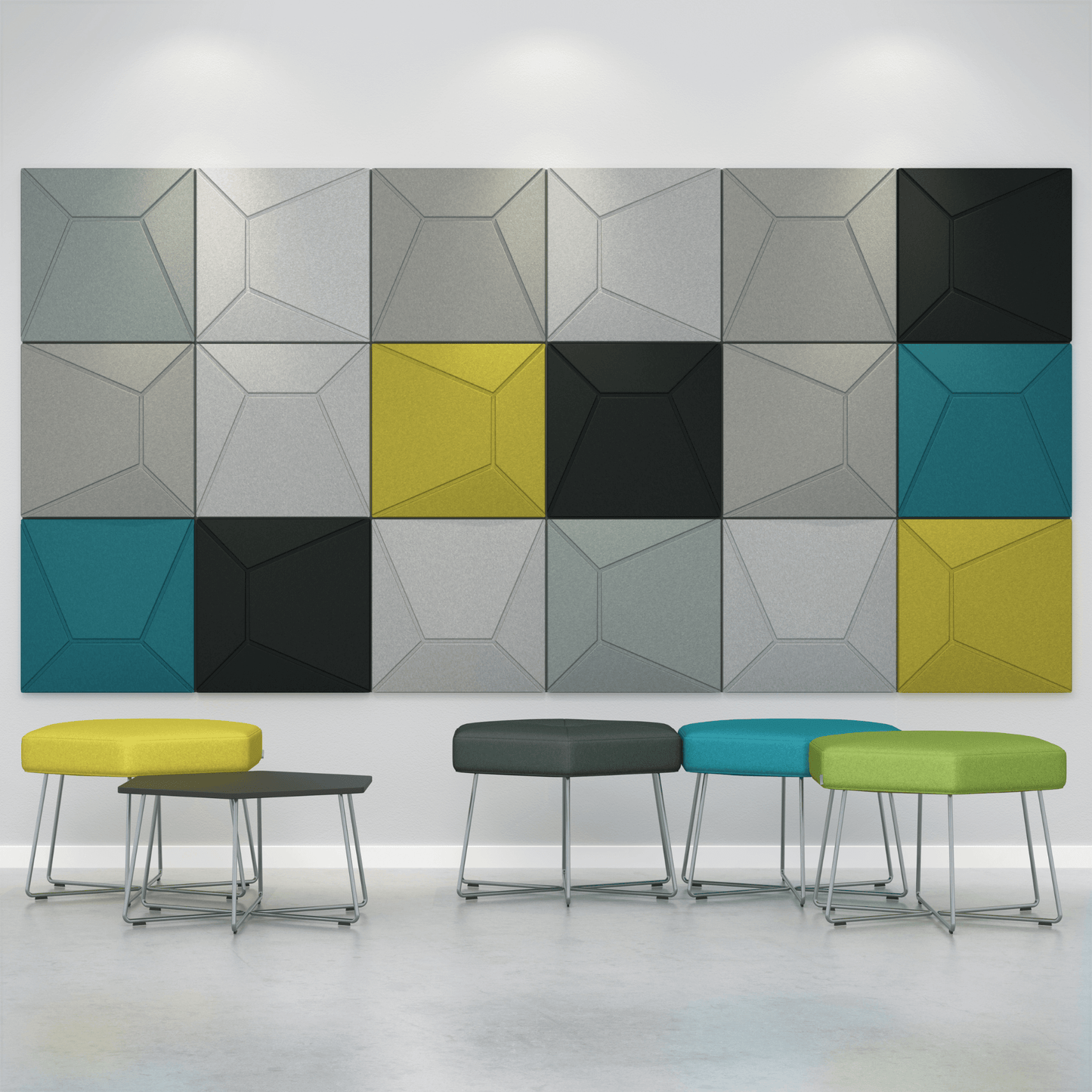 Colorful Acoustek Cavasinni acoustic tiles displayed on a wall with modern seating options beneath.