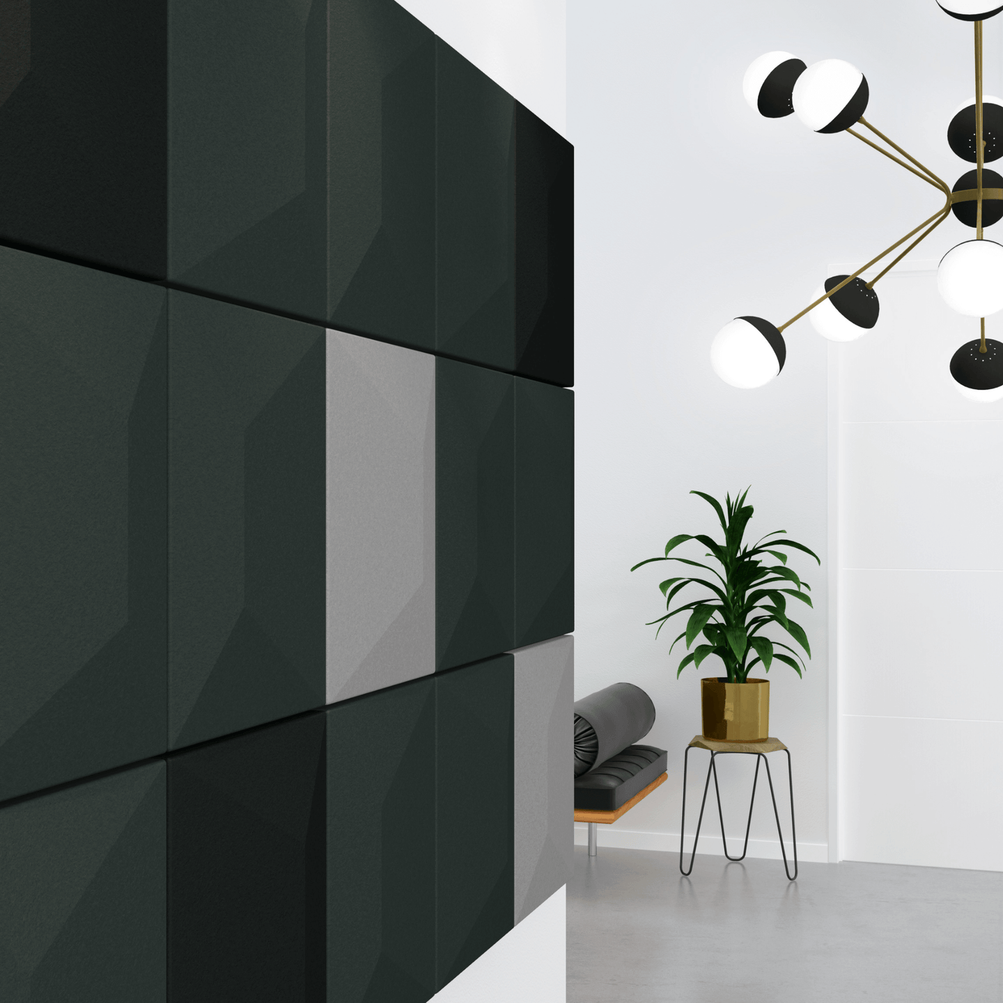 Stylish Acoustek Cavasinni acoustic tiles on a modern wall, enhancing interior design and sound quality.