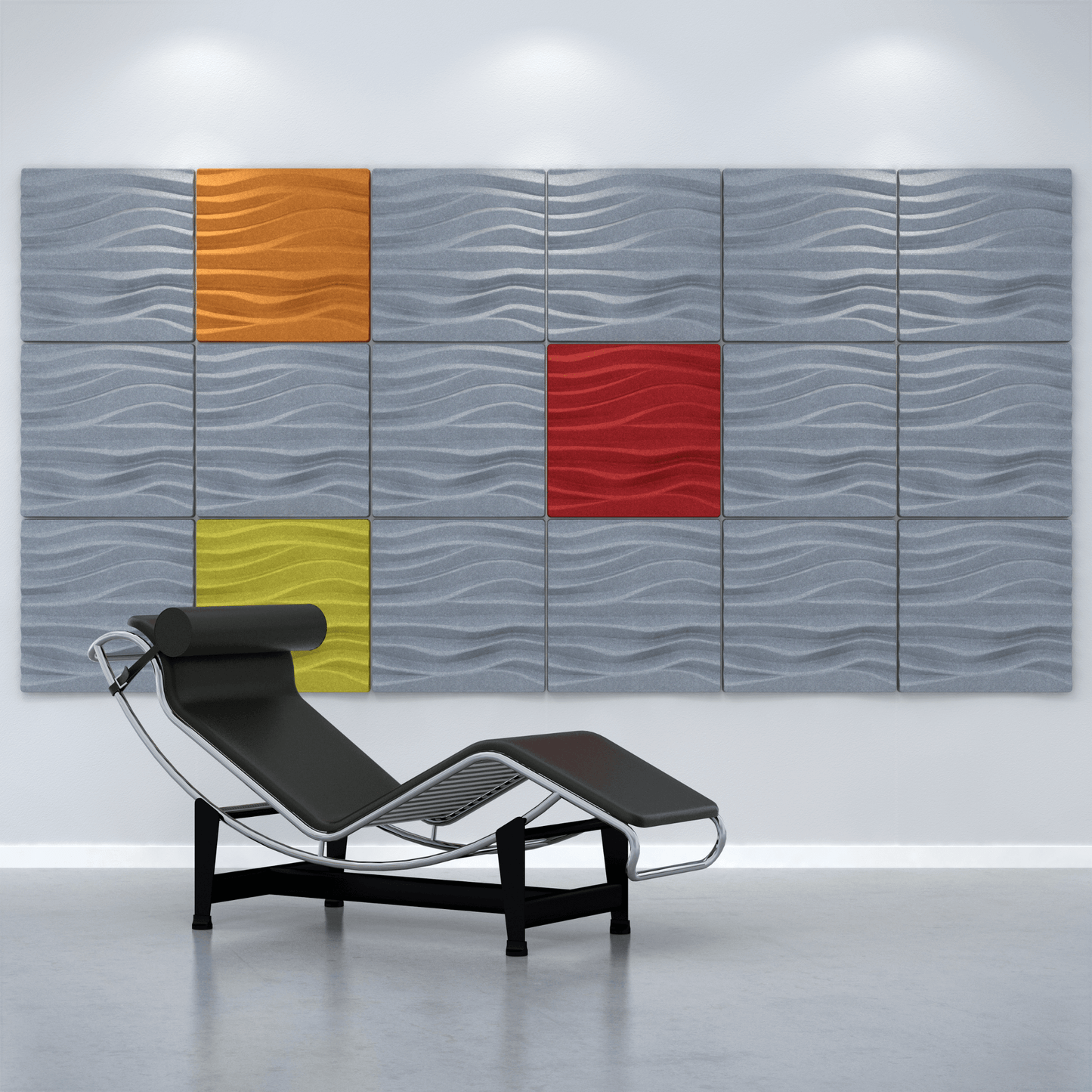 Acoustek Newport Collection acoustic wall tiles in various colors complementing a modern lounge chair.