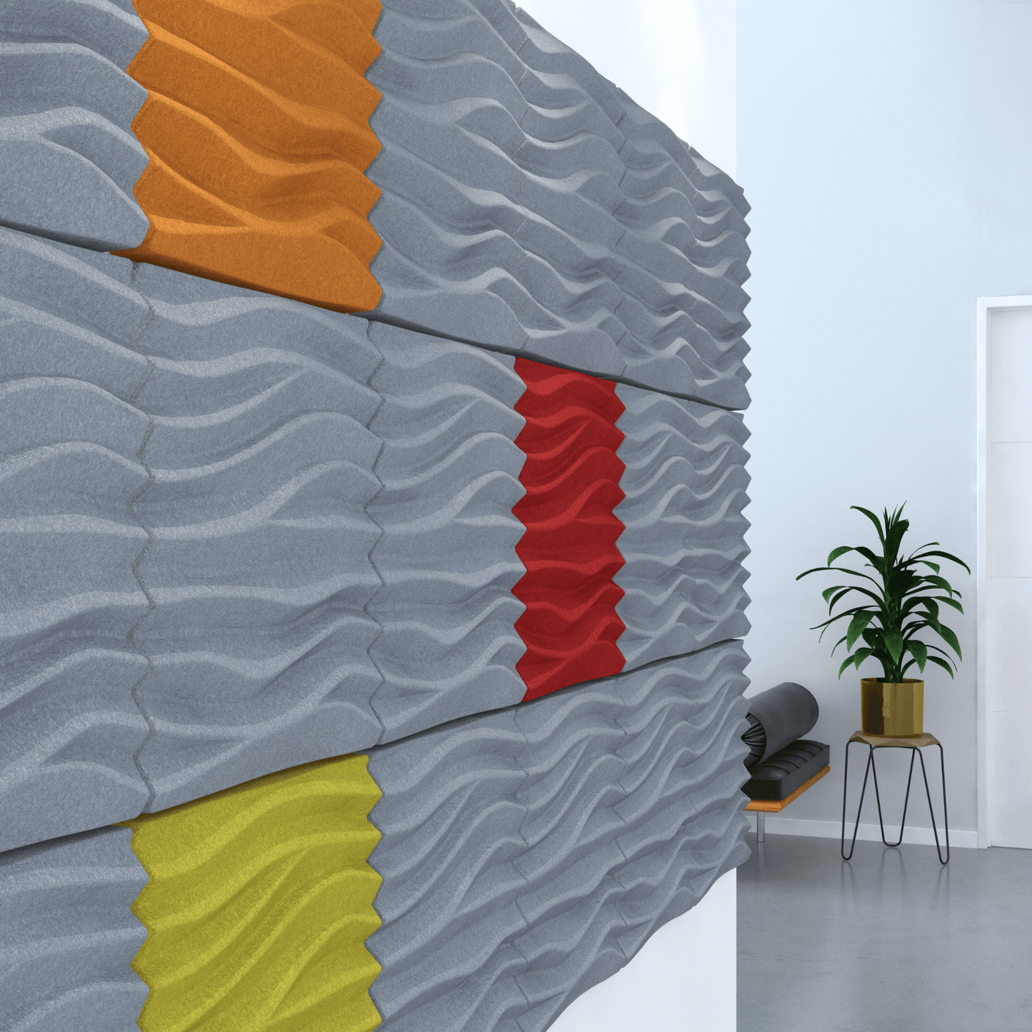 Acoustek Newport Collection acoustic wall tiles in modern design featuring waves and vibrant colors for noise reduction.