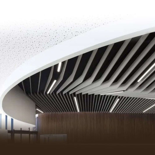Autex Frontier Sierra Acoustic Fins ceiling system enhancing sound absorption in a modern workspace.