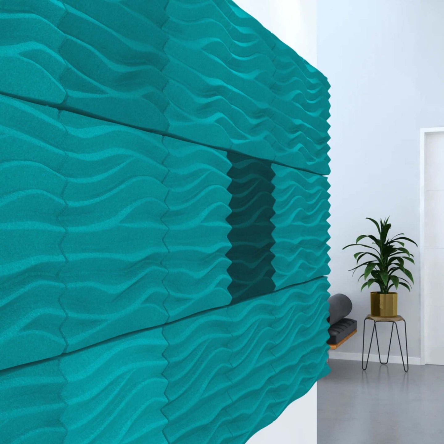 Acoustek Newport Collection acoustic wall tiles in teal, designed for noise reduction and modern aesthetics.
