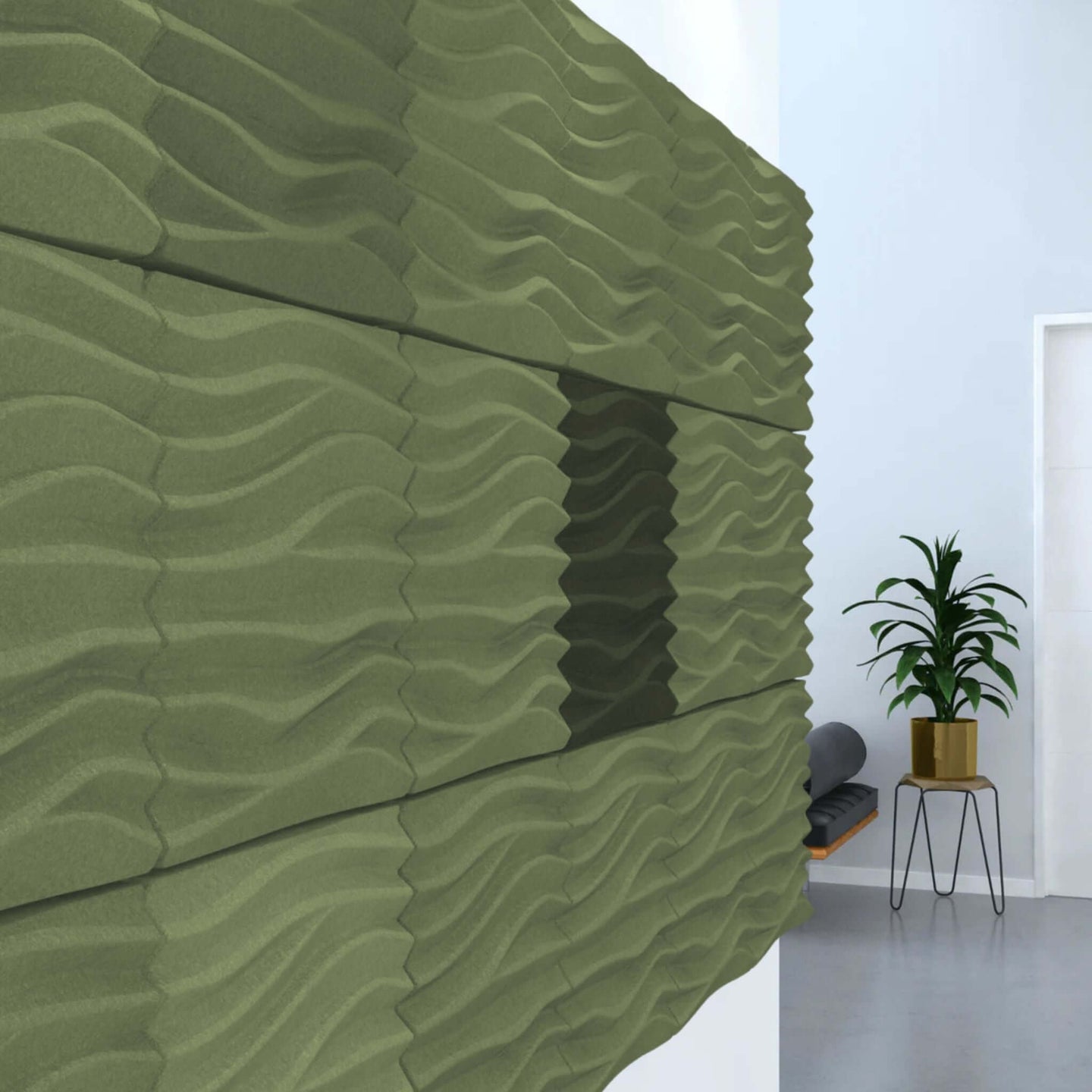 Acoustek Newport Collection acoustic wall tiles in modern green design for noise reduction and aesthetic appeal.