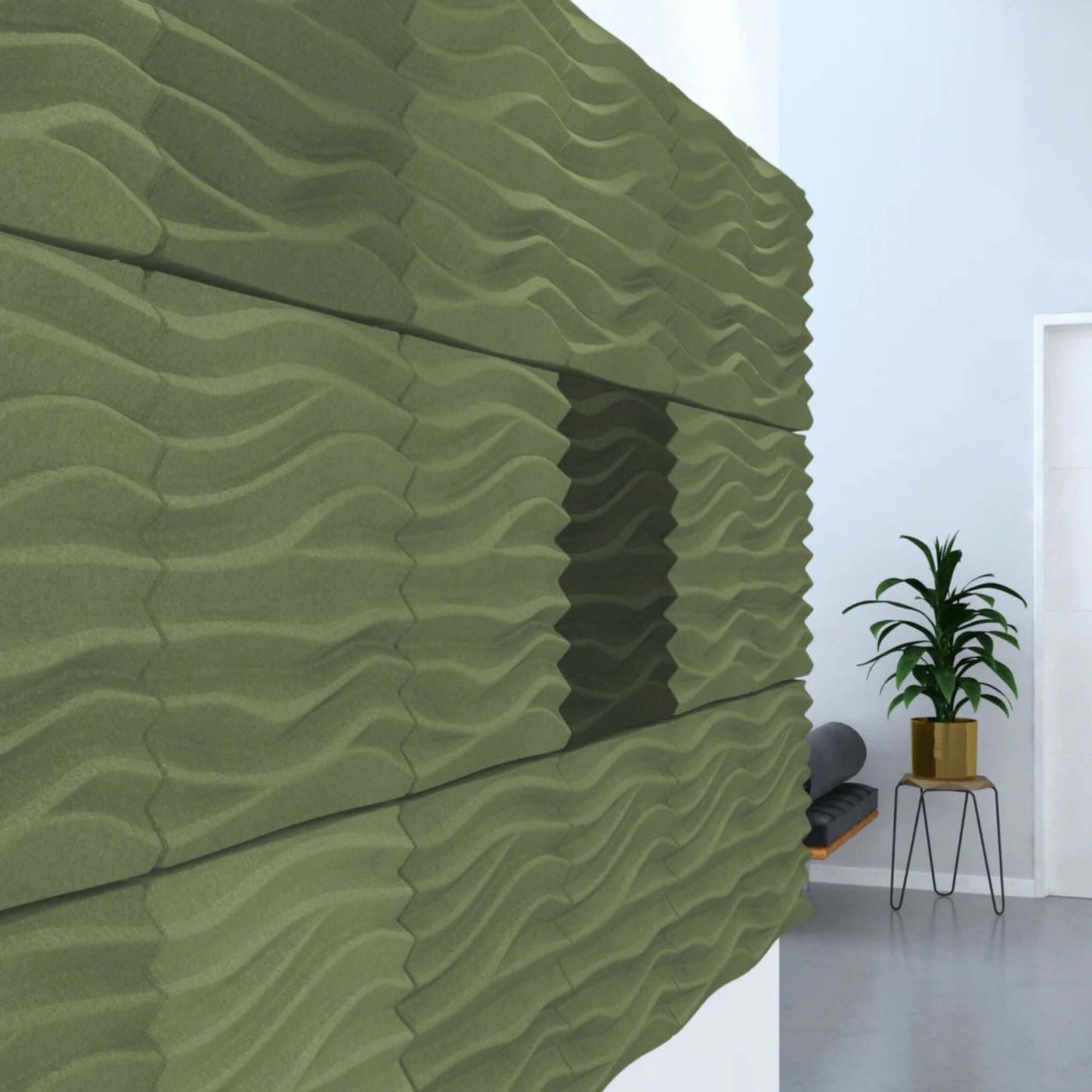 Acoustek Newport Collection acoustic wall tiles in modern green design for noise reduction and aesthetic appeal.