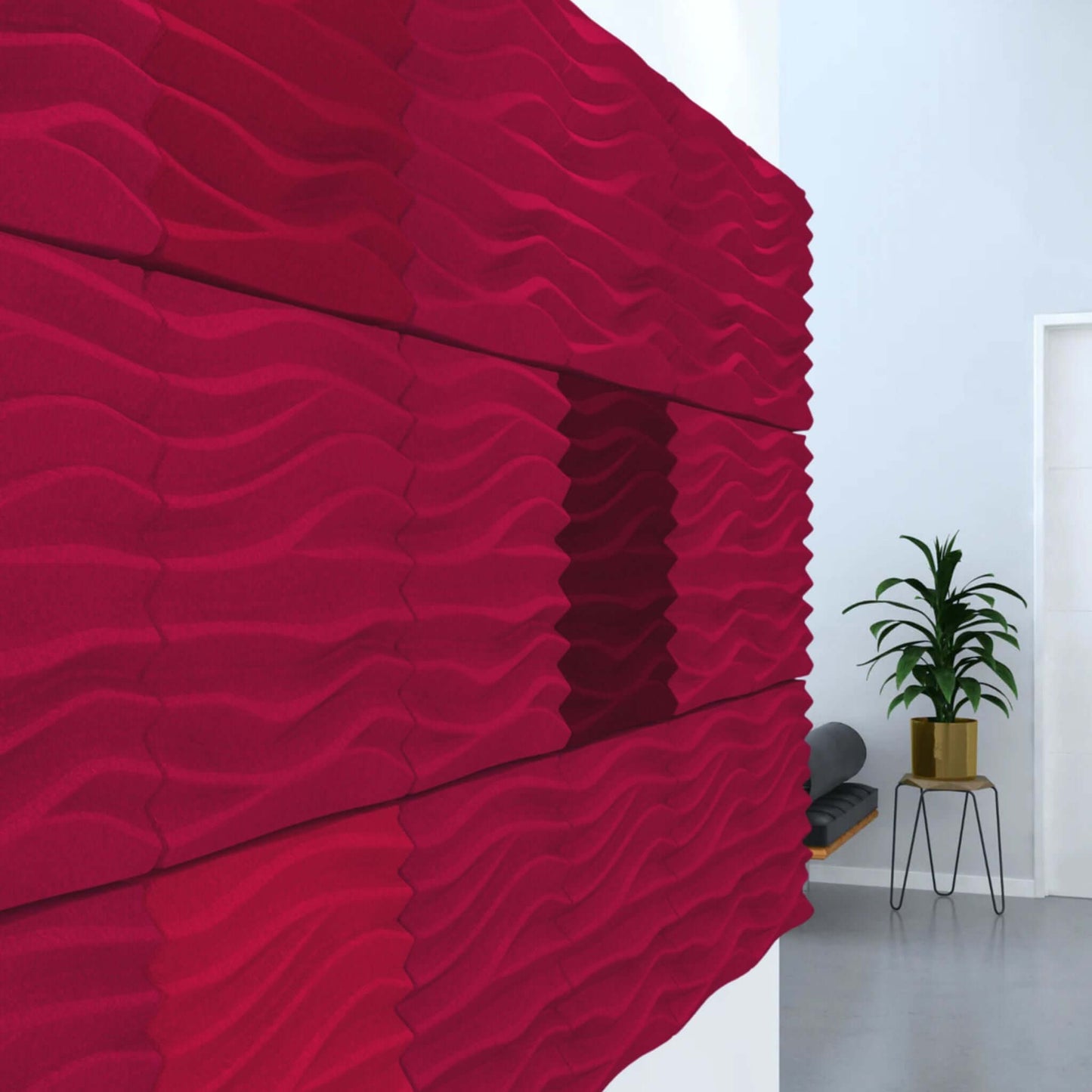 Acoustek Newport Collection Acoustic Wall Tiles in modern red design, enhancing noise reduction and interior aesthetics.