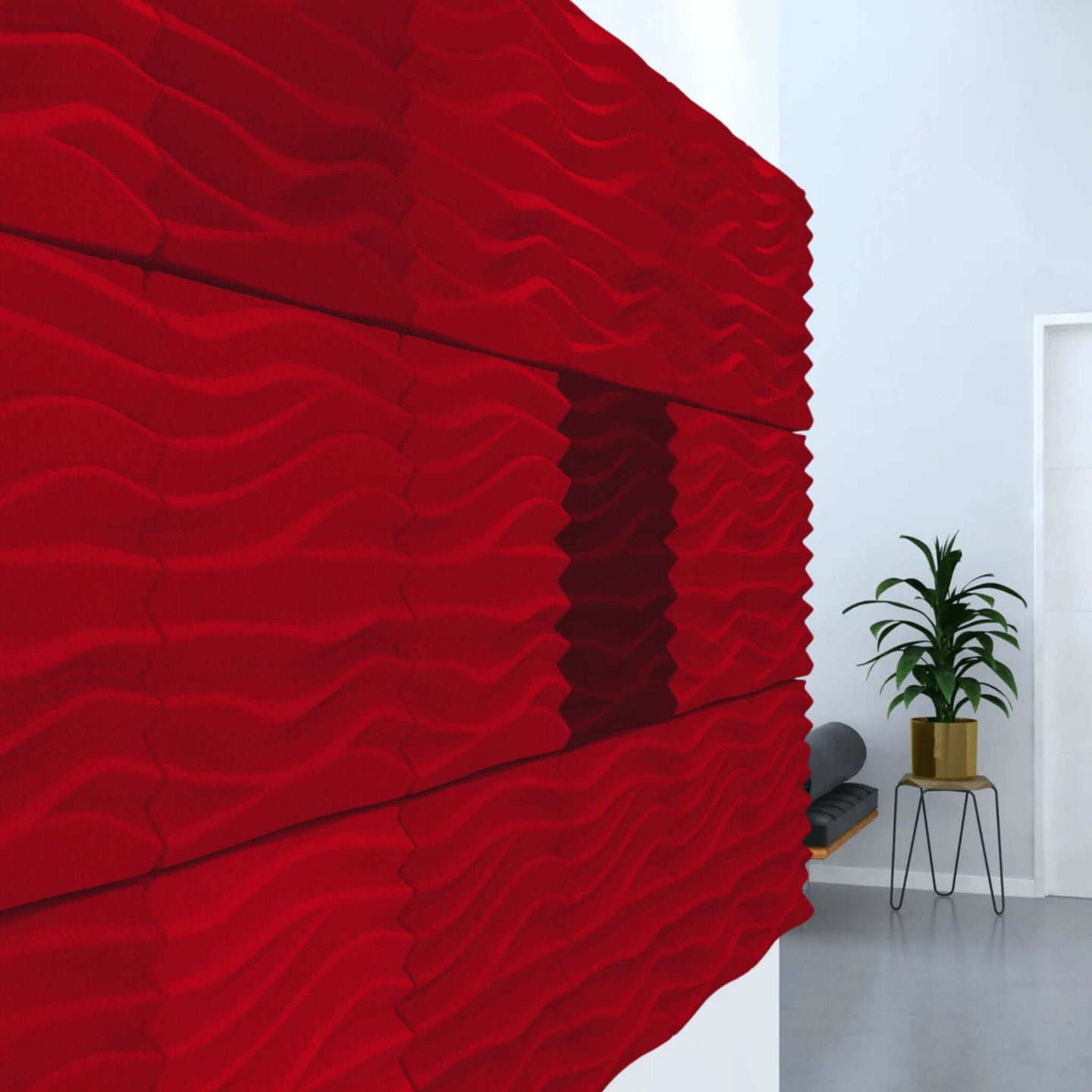 Acoustek Newport Collection acoustic wall tiles in red, adding modern aesthetics and noise reduction to interiors.