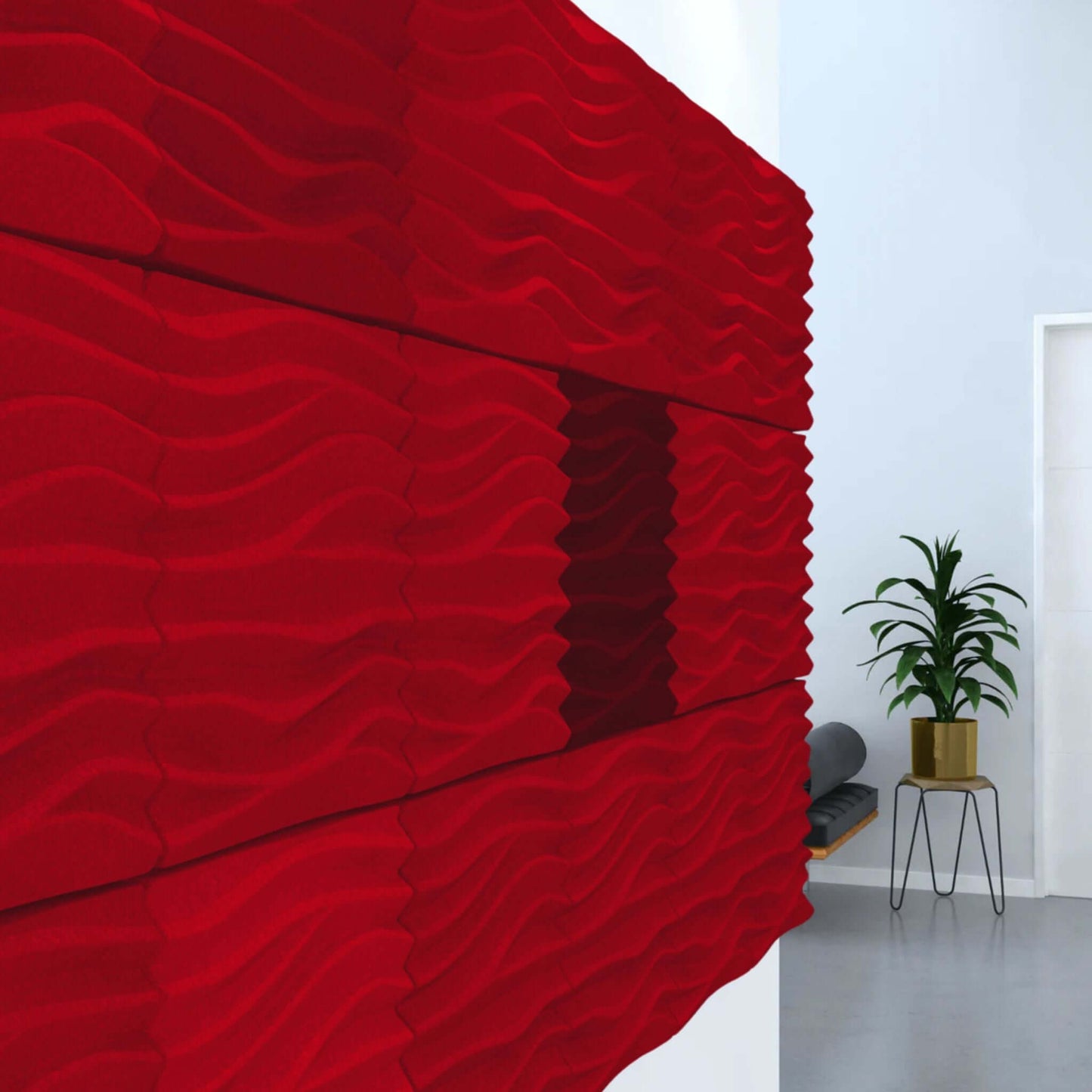 Acoustek Newport Collection acoustic wall tiles in red, adding modern aesthetics and noise reduction to interiors.