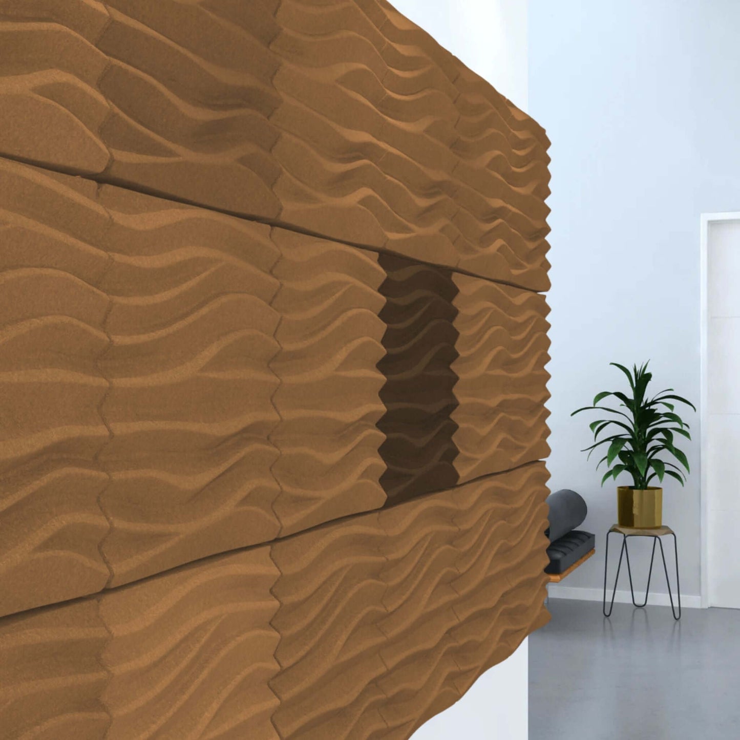 Acoustek Newport Collection acoustic wall tiles in a modern interior, enhancing aesthetics and noise reduction.