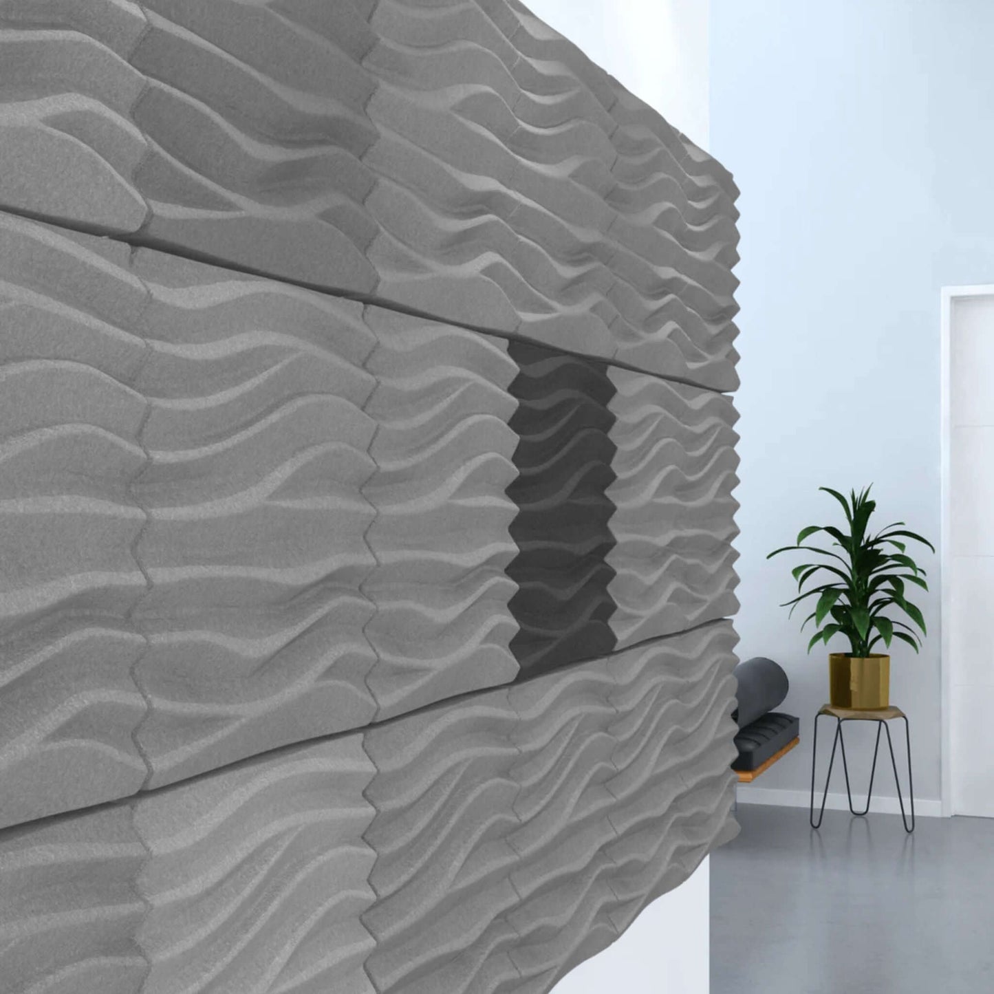 Acoustek Newport Collection acoustic wall tiles featuring modern gray wave design for effective sound absorption.
