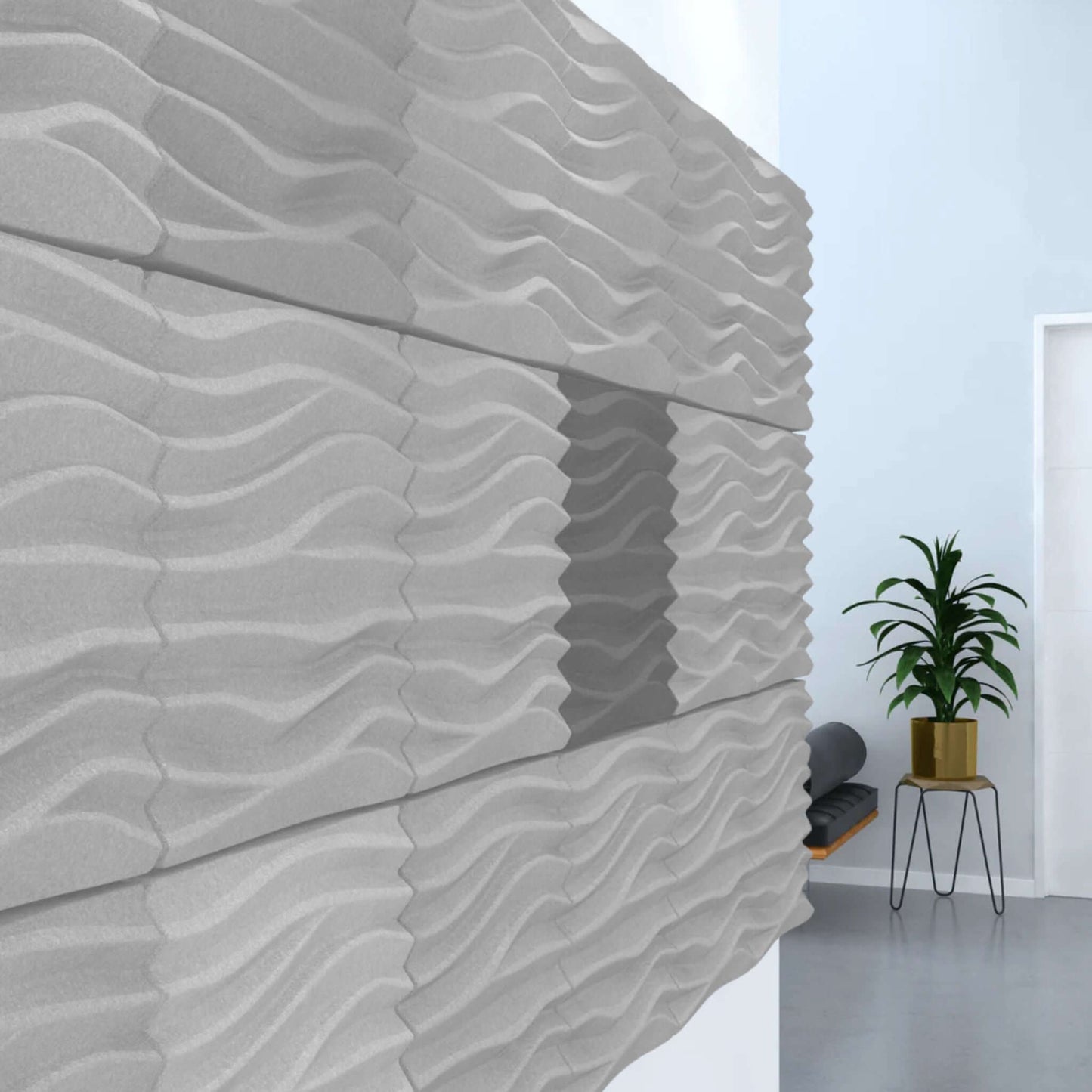 Acoustek Newport Collection acoustic wall tiles with modern wavy design for noise reduction.