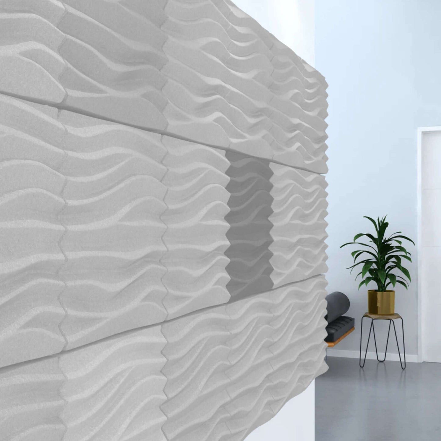 Acoustek Newport Collection acoustic wall tiles showcasing a stylish wave pattern for effective noise reduction.