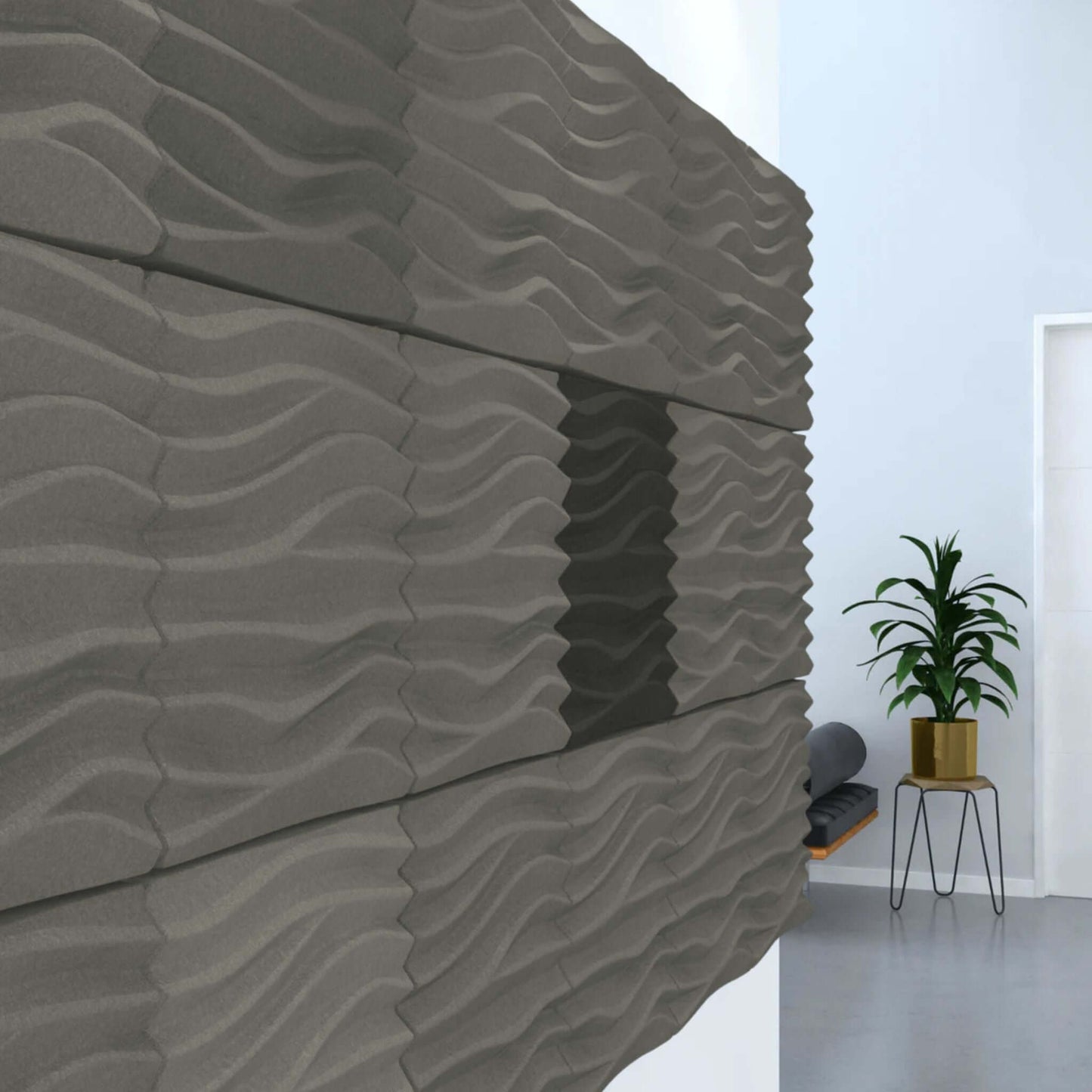 Acoustek Newport Collection acoustic wall tiles featuring wavy design for noise reduction in modern interiors.