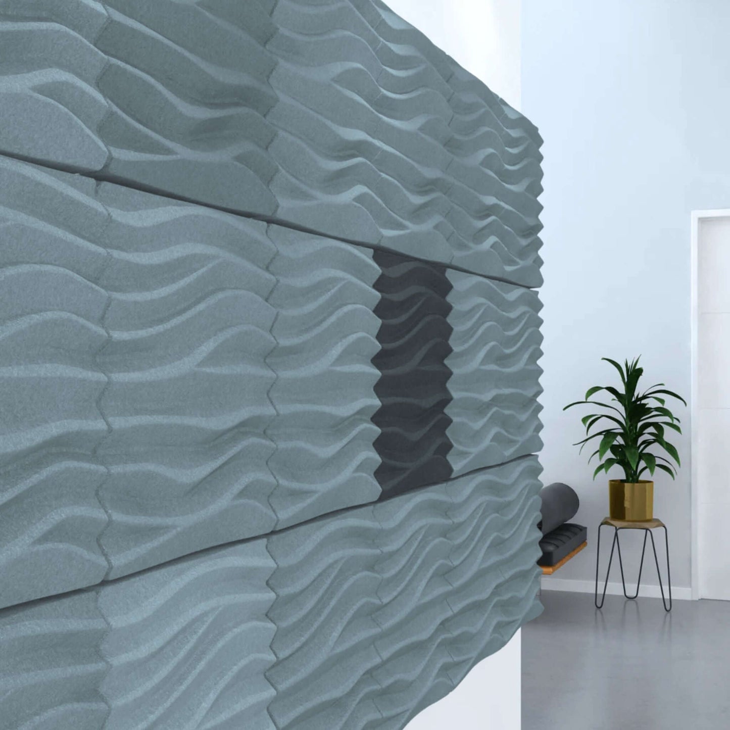 Acoustek Newport Collection acoustic wall tiles in wavy gray design, enhancing aesthetics and reducing noise.