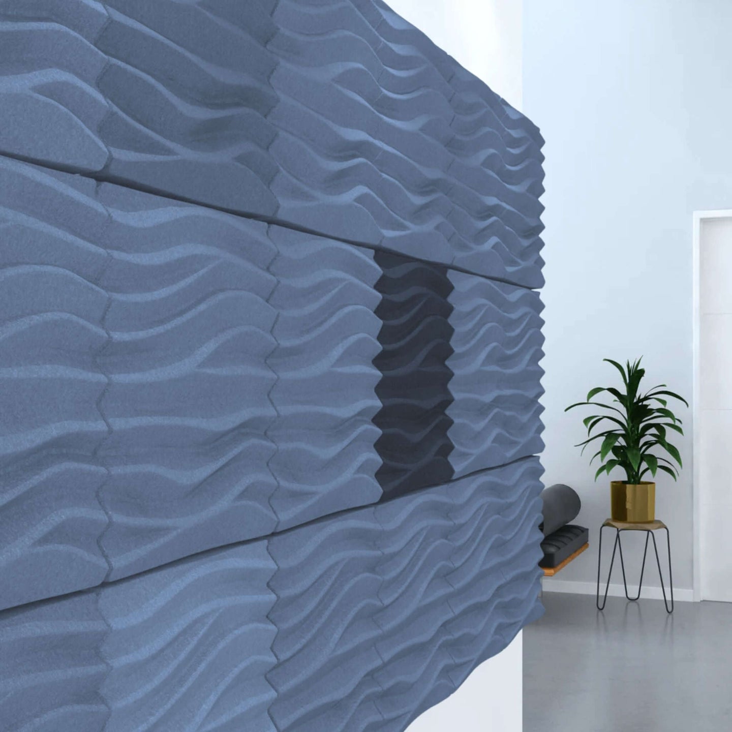 Acoustek Newport acoustic wall tiles in a modern interior, showcasing textured design for noise reduction.