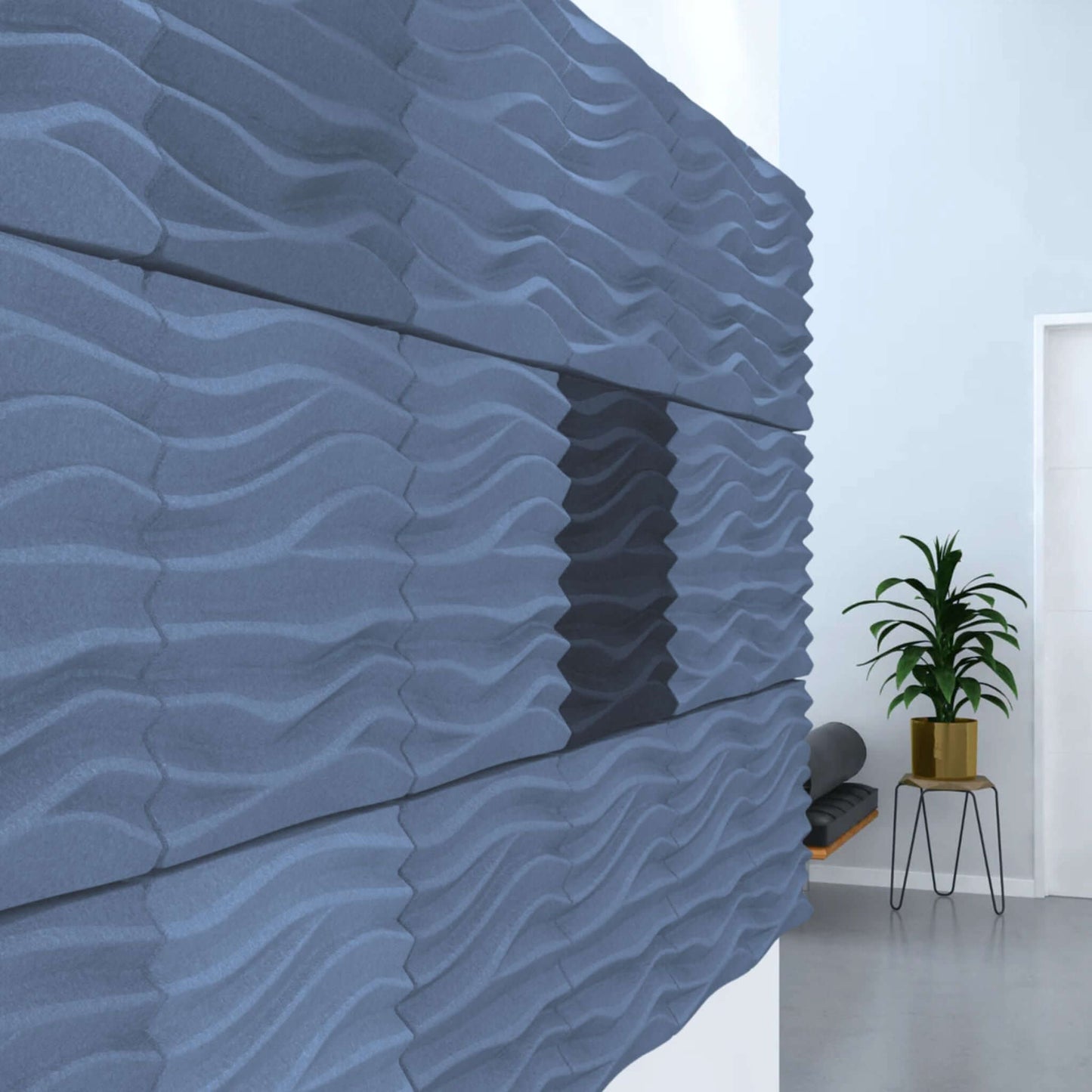 Acoustek Newport acoustic wall tiles in a modern interior, showcasing textured design for noise reduction.