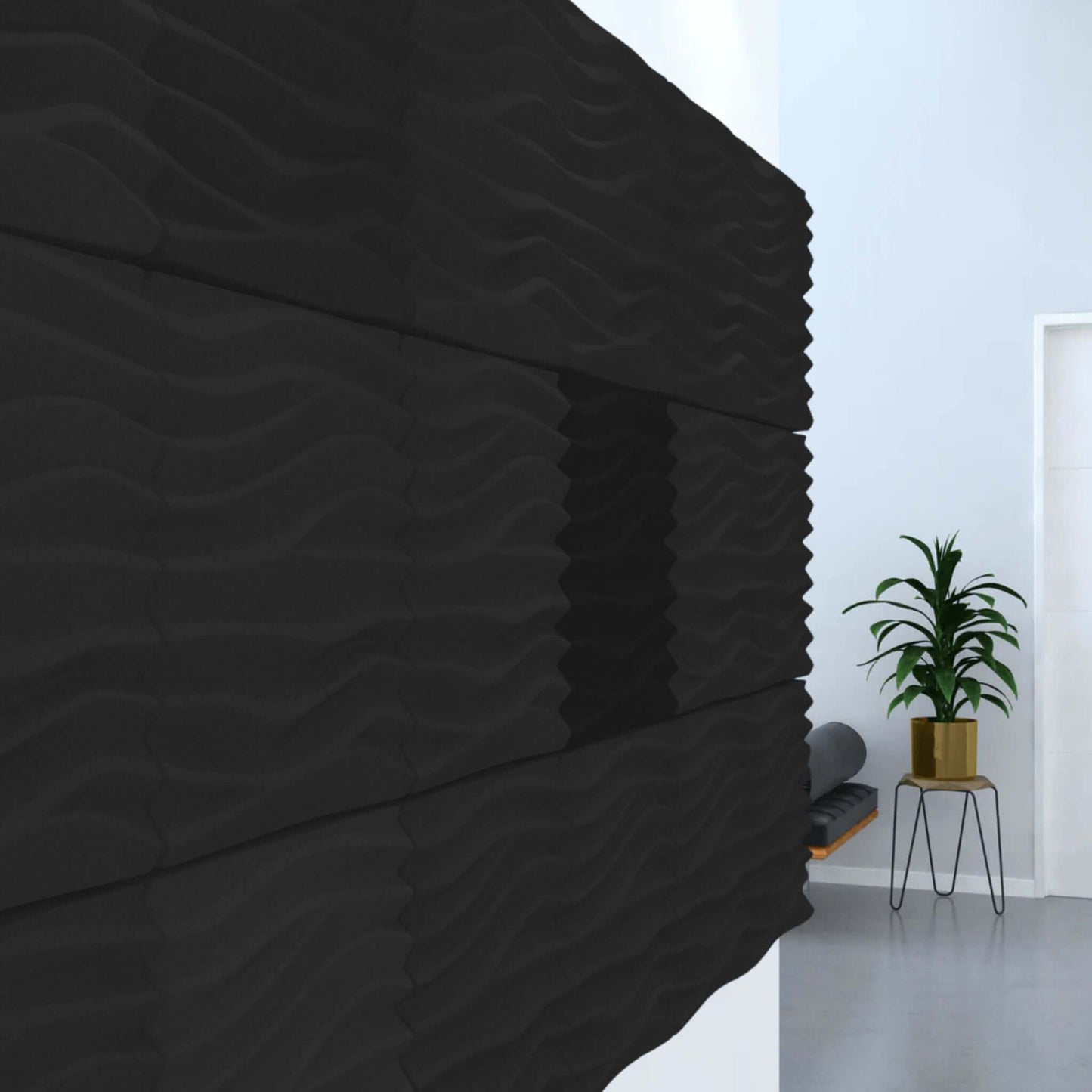 Acoustek Newport Collection acoustic wall tiles in black, enhancing sound absorption in modern interiors.
