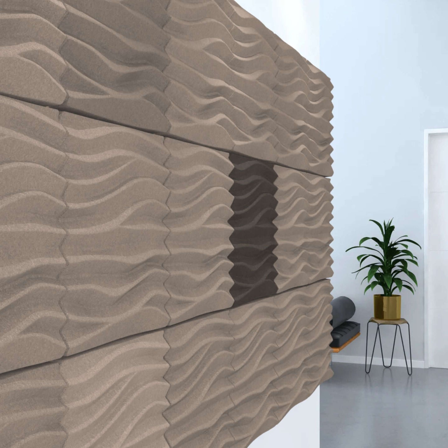 Acoustek Newport Collection acoustic wall tiles in wavy design, enhancing noise reduction and modern aesthetics in interiors.