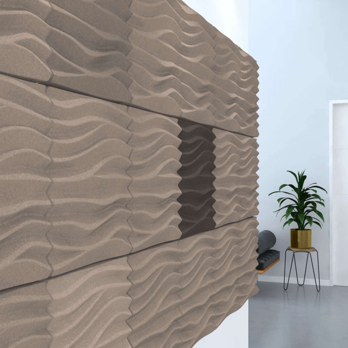 Acoustek Newport Collection acoustic wall tiles in wavy design, enhancing noise reduction and modern aesthetics in interiors.