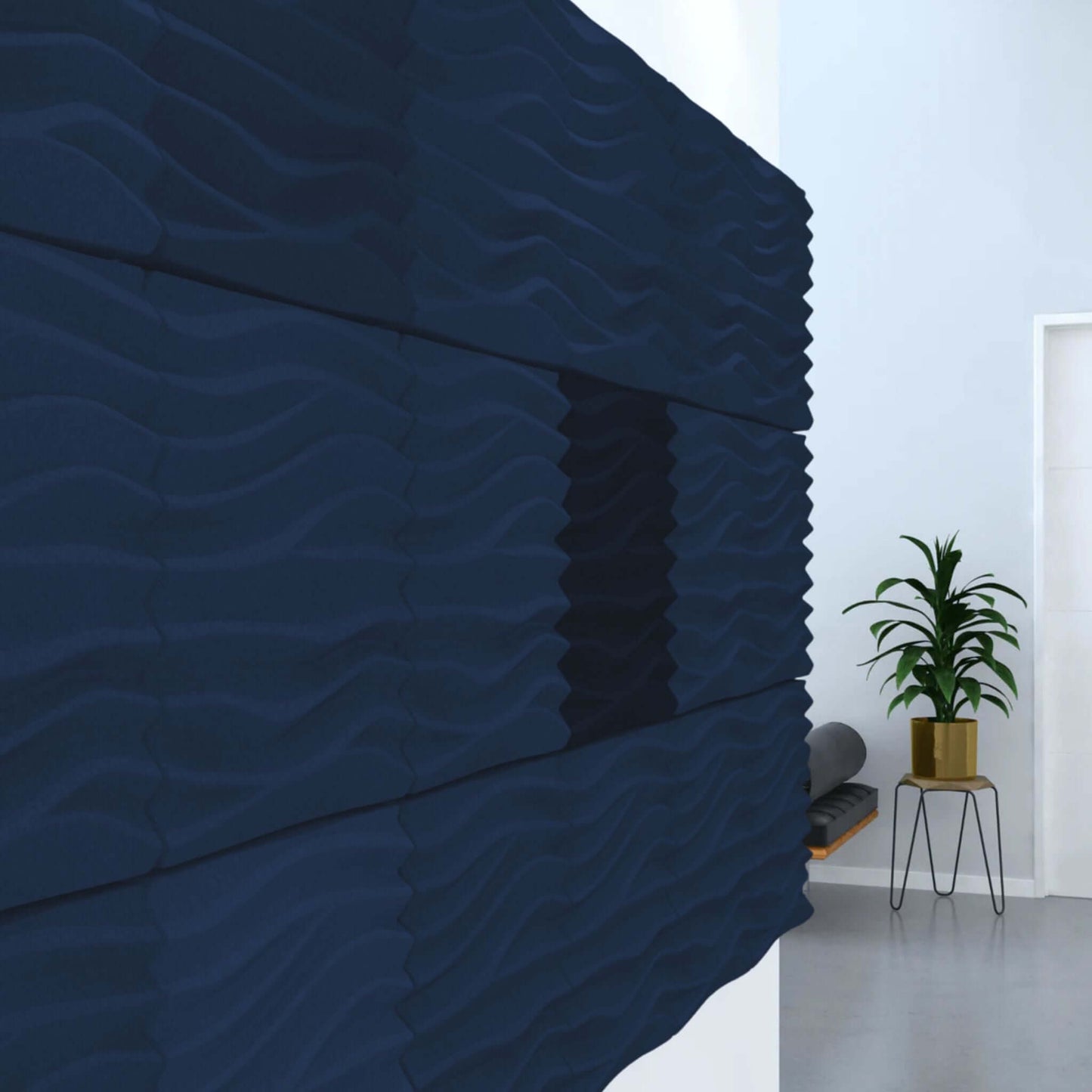 Acoustek Newport Collection acoustic wall tiles in dark blue, providing modern noise reduction and aesthetic appeal.