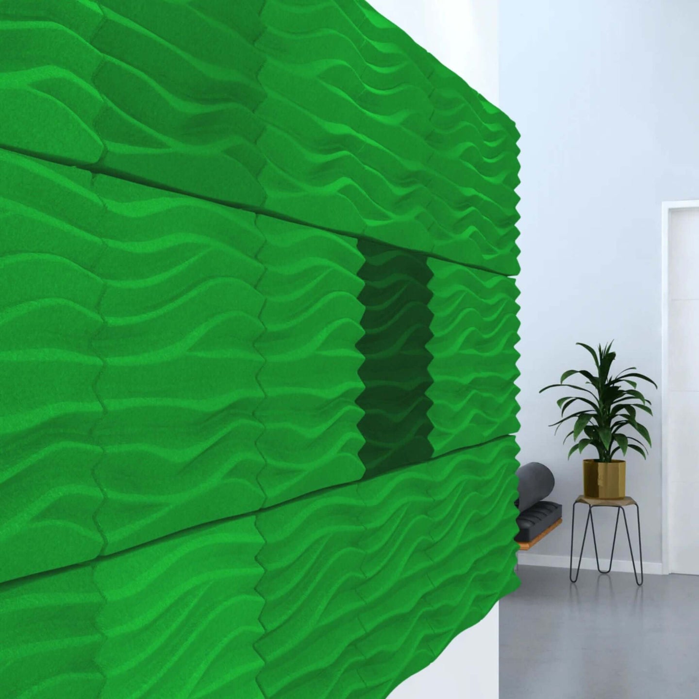 Acoustek Newport Collection green acoustic wall tiles designed for noise reduction and modern aesthetics.