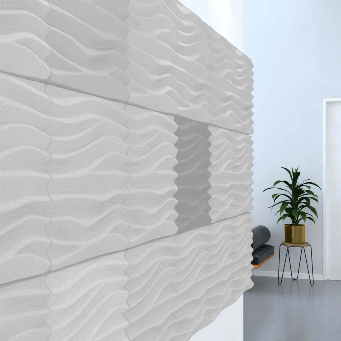 Acoustek Newport Collection Acoustic wall tiles featuring modern wavy design for noise reduction in interiors.