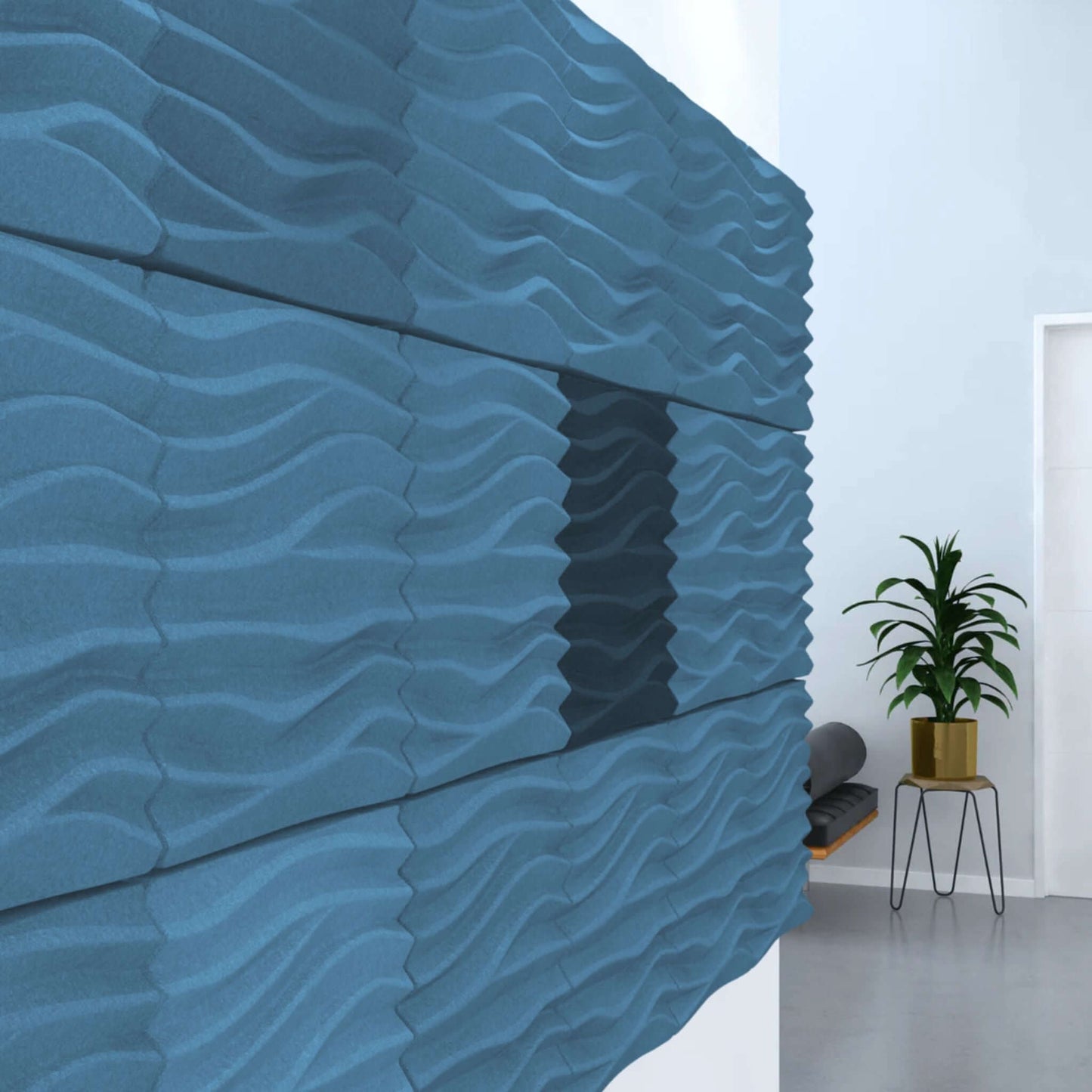 Acoustek Newport Collection acoustic wall tiles in wavy blue design, enhancing interior aesthetics and sound absorption.