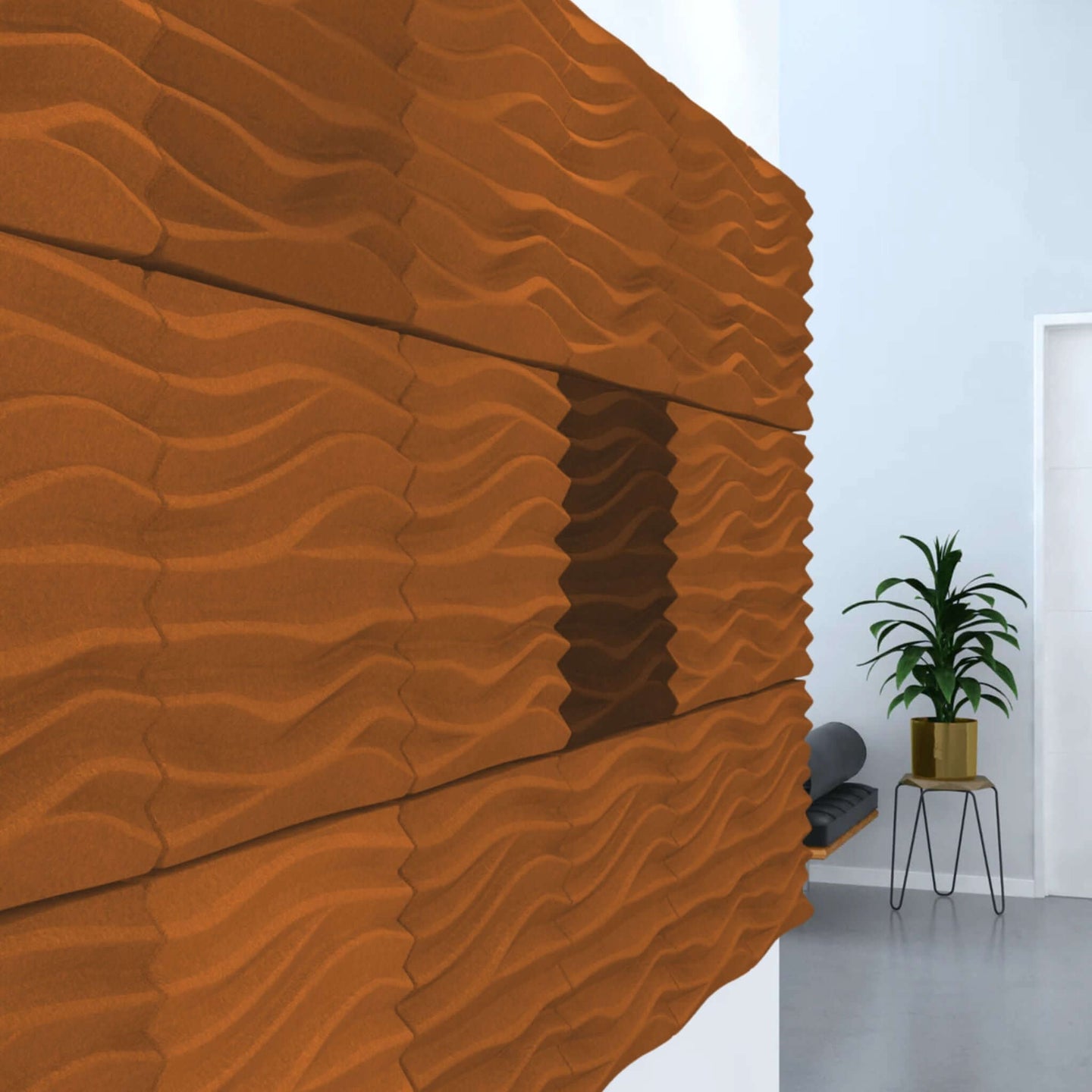 Acoustek Newport Acoustic panels with wavy design in modern interior enhancing decor and noise reduction.