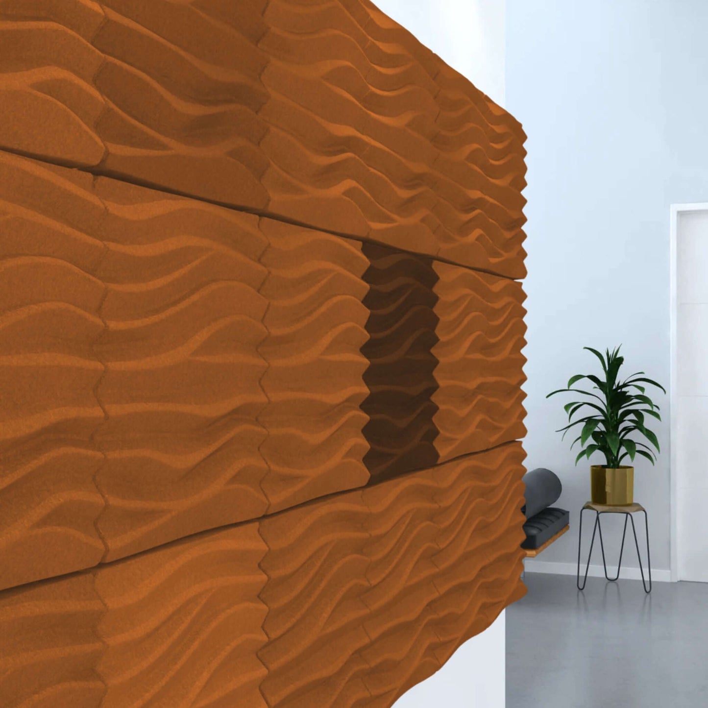 Acoustek Newport Acoustic panels with wavy design in modern interior enhancing decor and noise reduction.