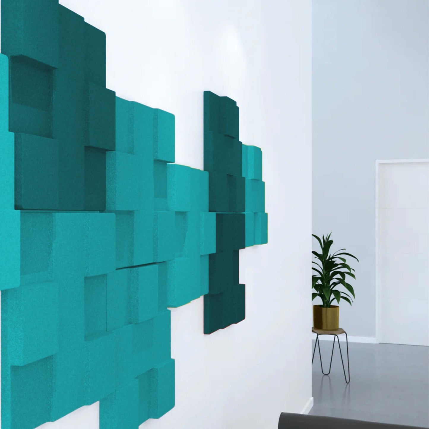 Acoustek Newport Collection acoustic wall tiles in teal, enhancing aesthetics and reducing noise in modern interiors.