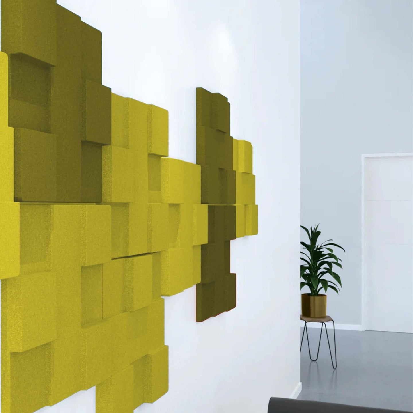 Acoustek Newport Collection acoustic wall tiles in modern yellow patterns, enhancing noise reduction and aesthetics.