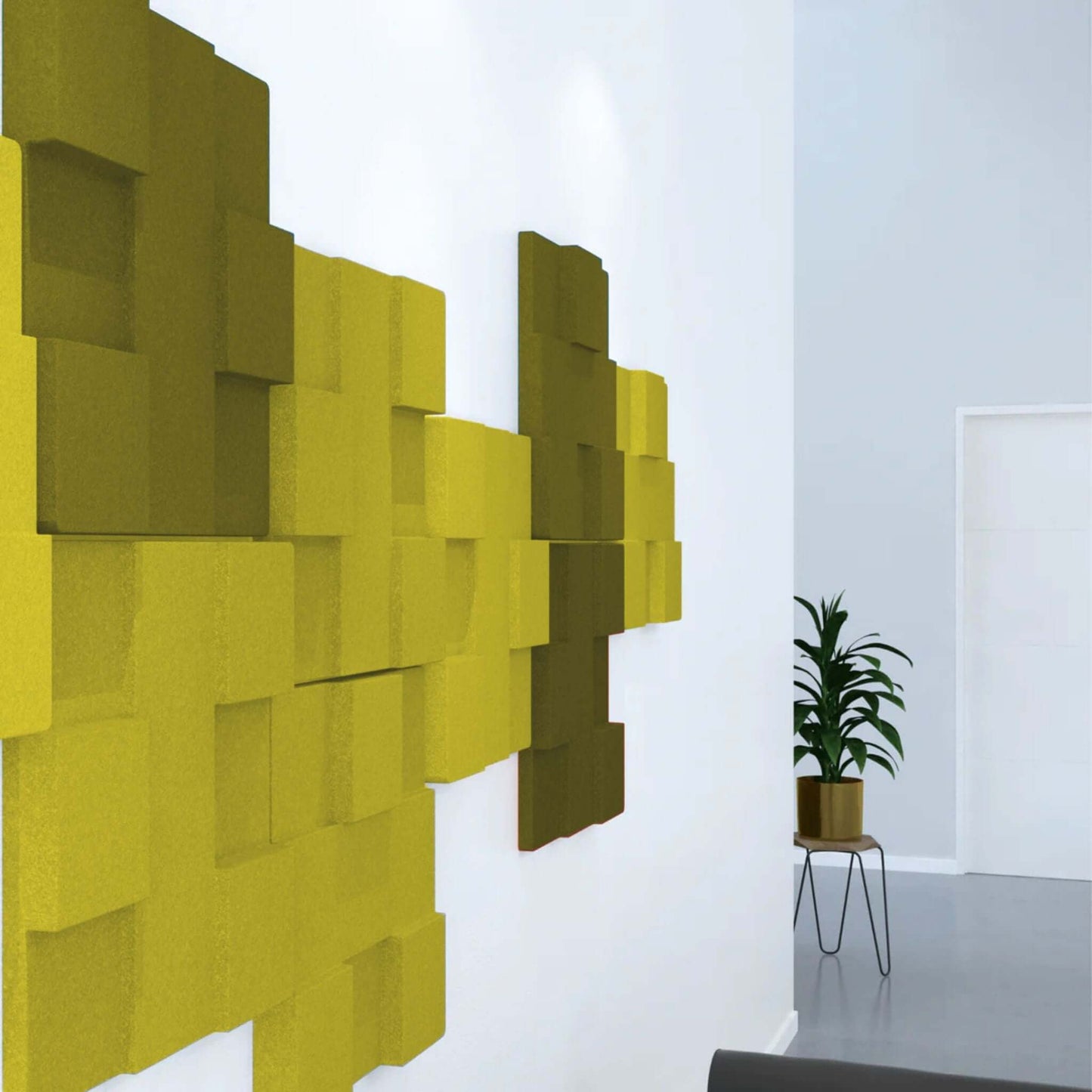 Acoustek Newport Collection acoustic wall tiles in modern yellow patterns, enhancing noise reduction and aesthetics.