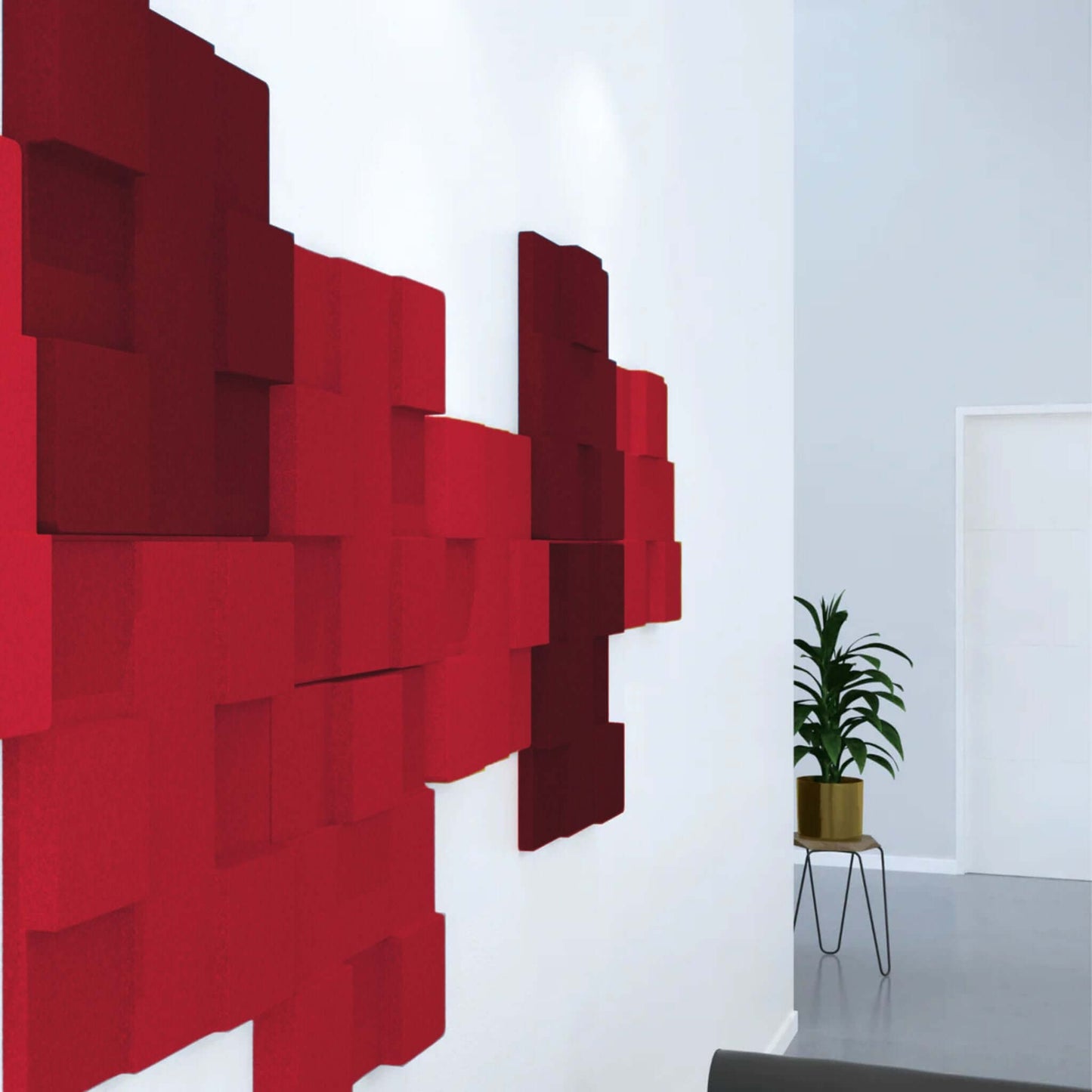 Acoustek Newport Collection acoustic wall tiles in red, enhancing aesthetics and reducing noise in modern interiors.