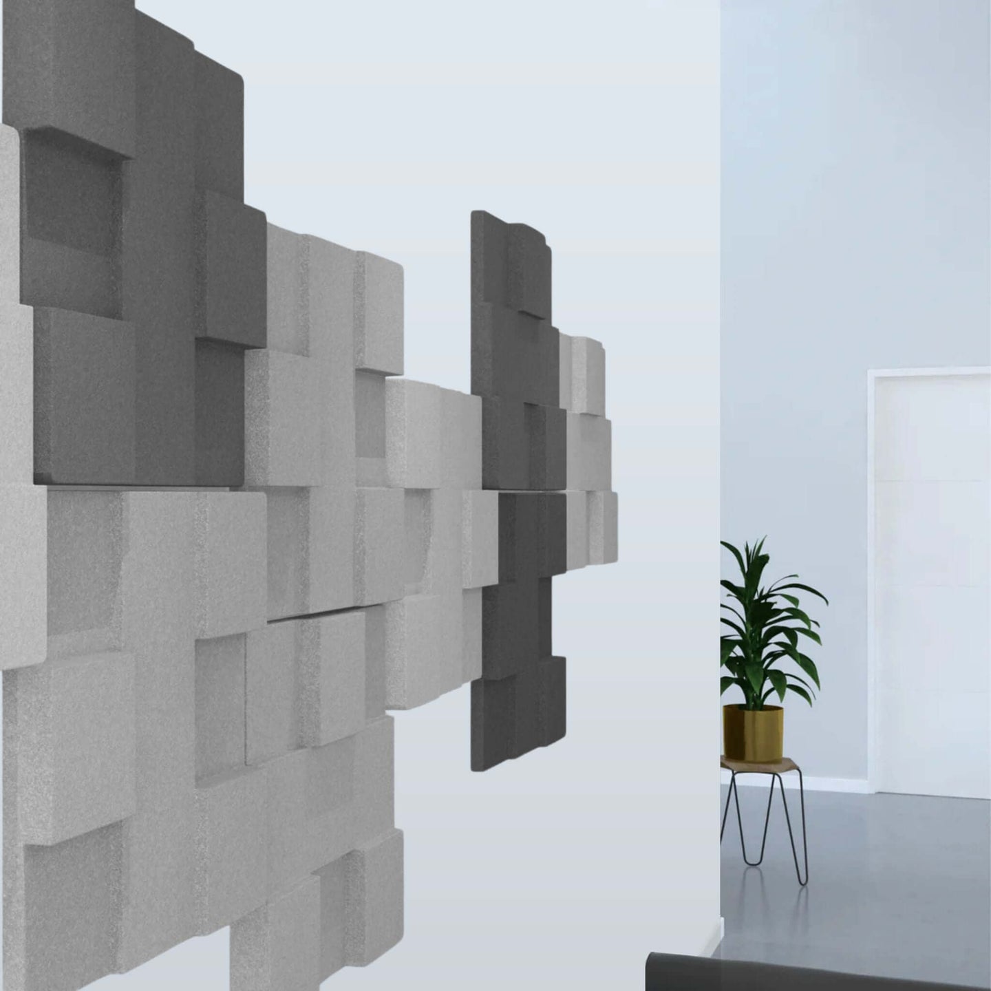 Acoustek Newport Collection acoustic wall tiles in various gray tones, enhancing interior aesthetics and reducing noise.