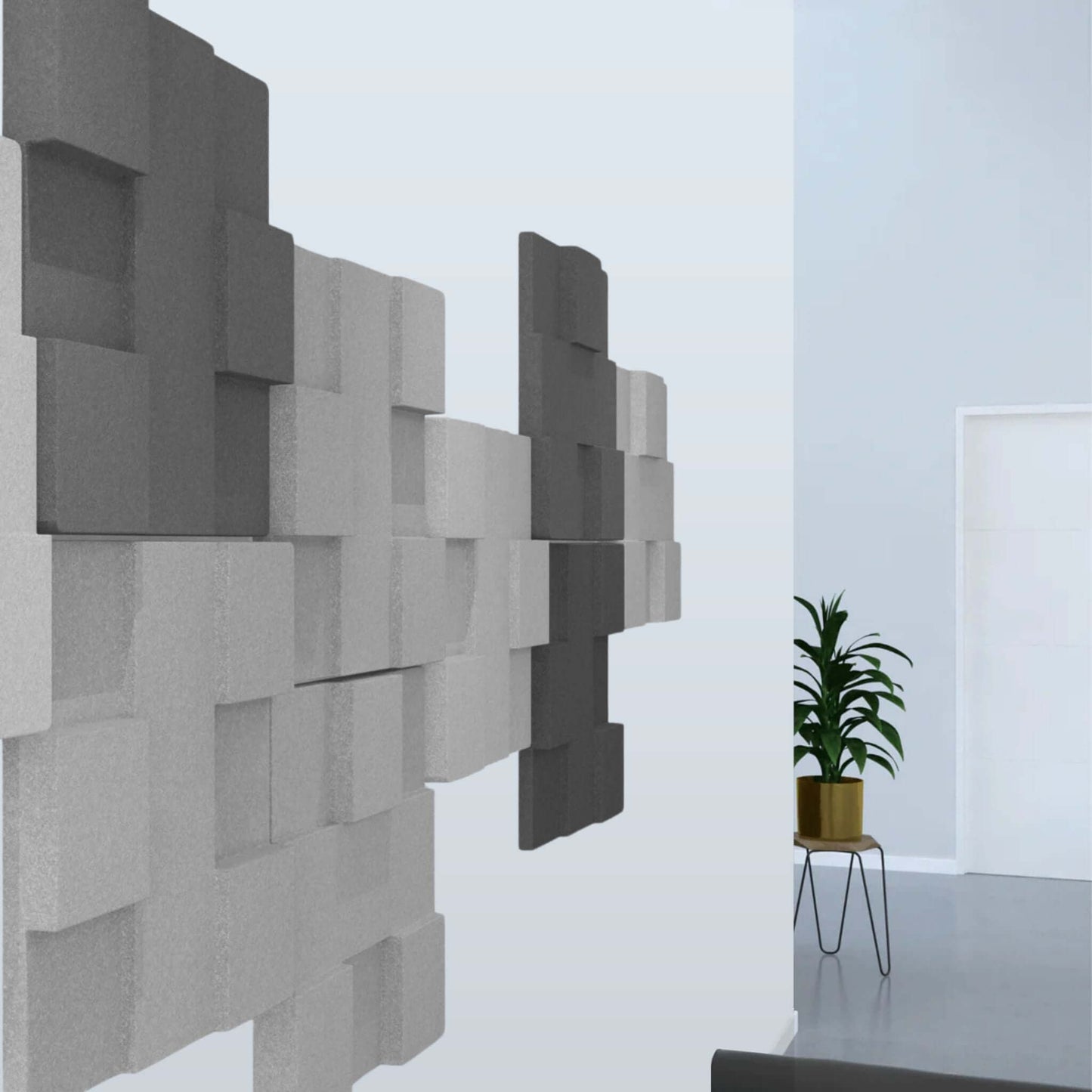 Acoustek Newport Collection acoustic wall tiles in various gray tones, enhancing interior aesthetics and reducing noise.
