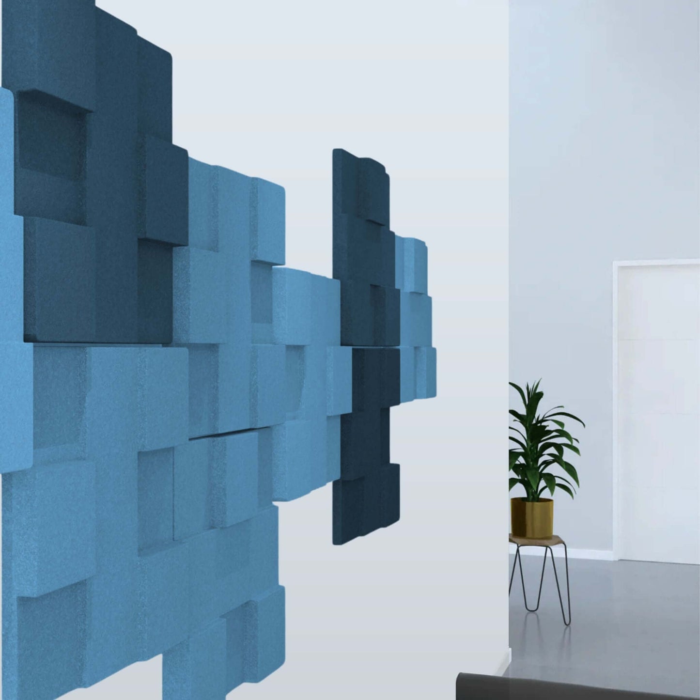 Acoustek Newport Collection acoustic wall tiles in blue hues, enhancing interior aesthetics and sound absorption.