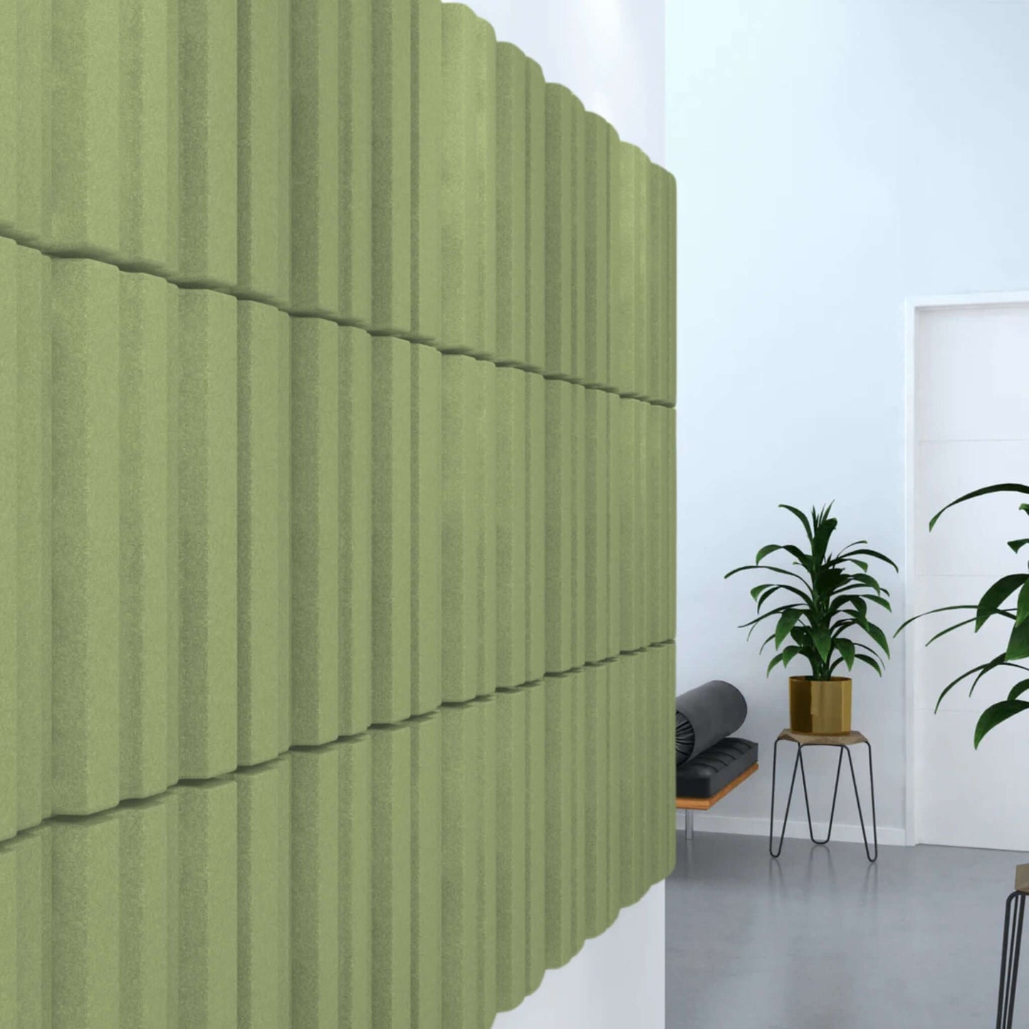 Acoustek Newport Collection acoustic wall tiles in green, enhancing interior acoustics and aesthetics.