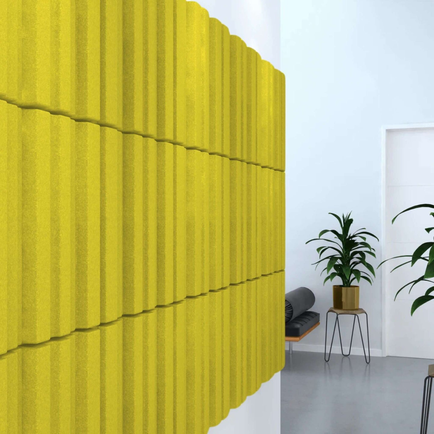 Vibrant yellow Acoustek Newport Acoustic panels displayed on a modern interior wall, enhancing aesthetics and sound absorption.