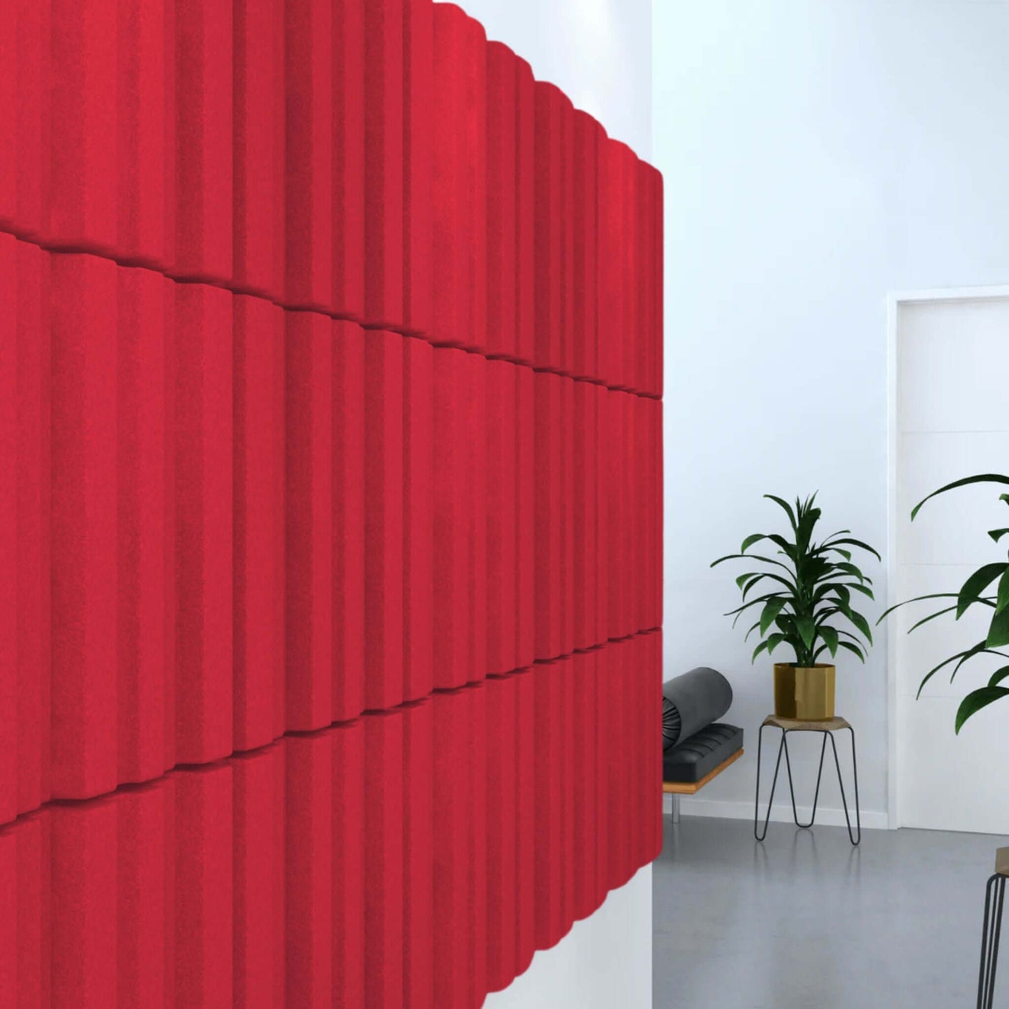 Acoustek Newport Collection red acoustic wall tiles in a modern interior space.