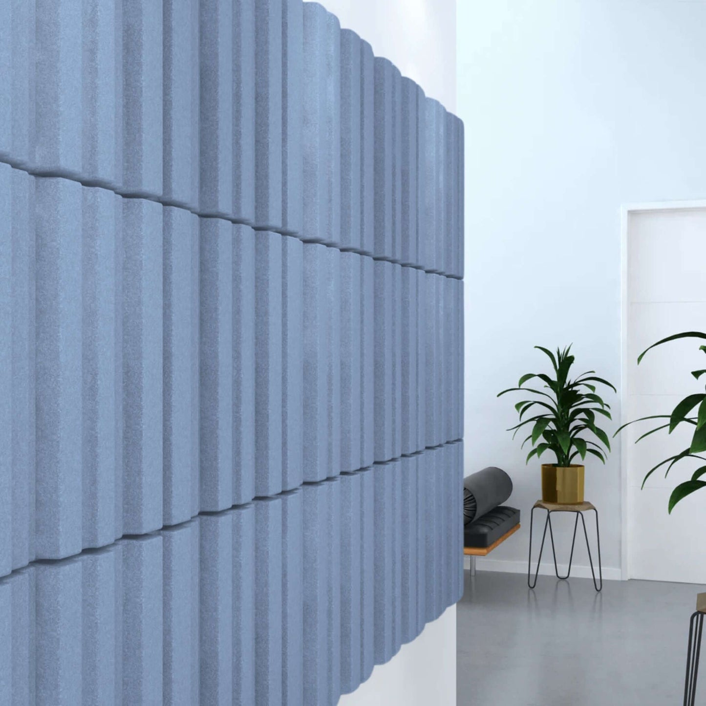 Acoustek Newport Collection acoustic wall tiles in blue, enhancing interior aesthetics and sound reduction.