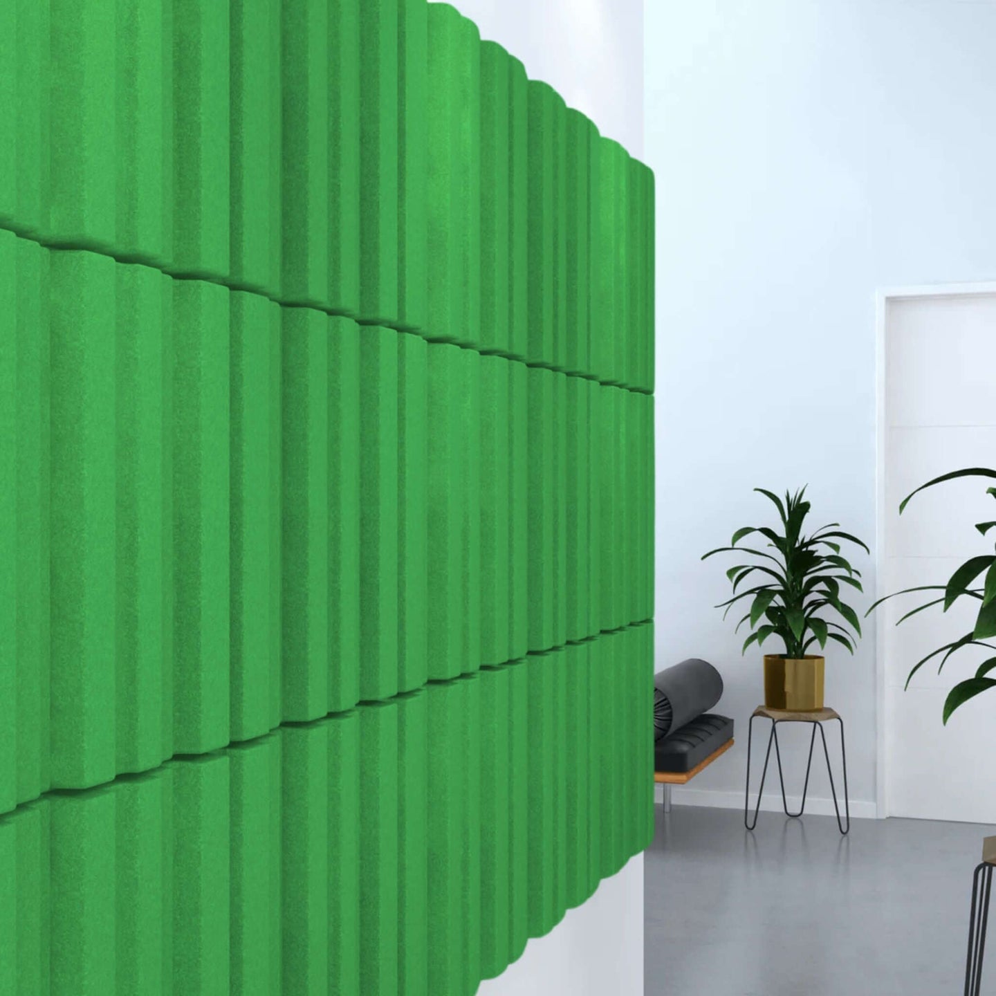 Acoustek Newport Collection green acoustic wall tiles enhancing modern interior design and noise reduction.