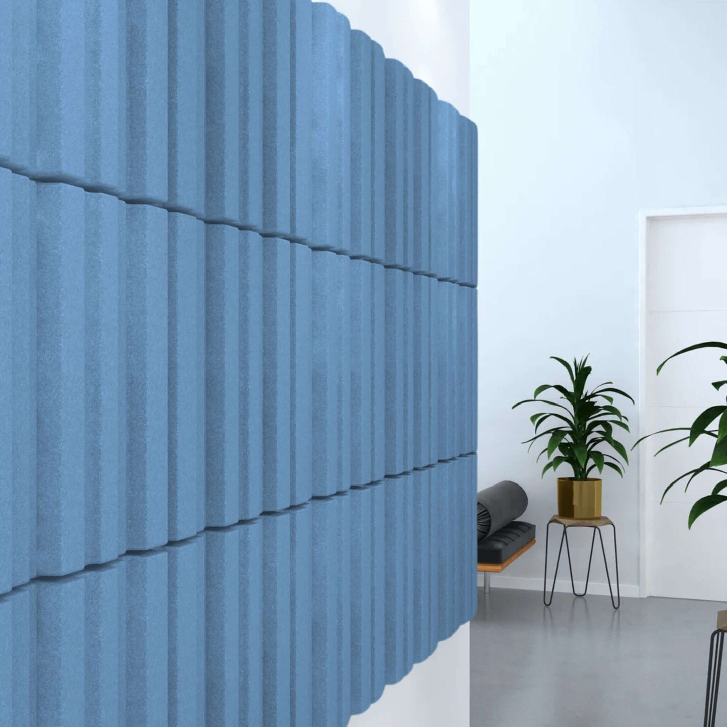 Acoustek Newport Collection acoustic wall tiles in blue, enhancing interior design while reducing noise.