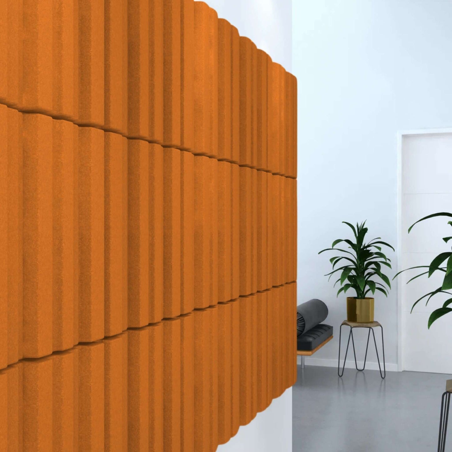 Acoustek Newport Acoustic panels in warm orange tones on a modern wall, enhancing aesthetics and noise reduction.