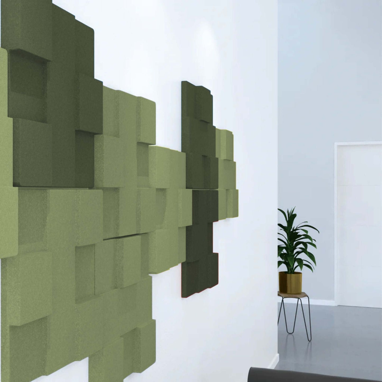 Acoustek Newport Collection acoustic wall tiles in green, enhancing aesthetics and reducing noise in modern interiors.