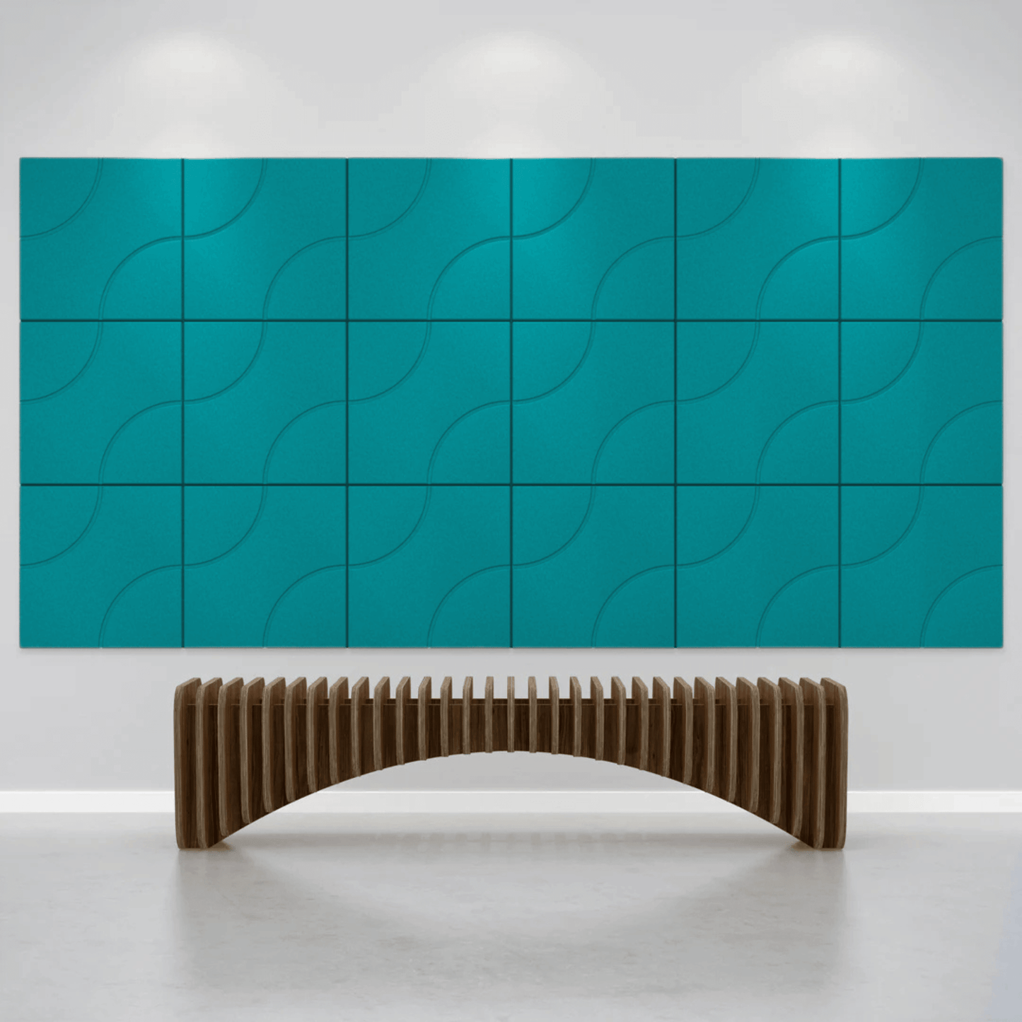Acoustek Cavasinni acoustic tiles in teal, enhancing wall aesthetics and sound quality.